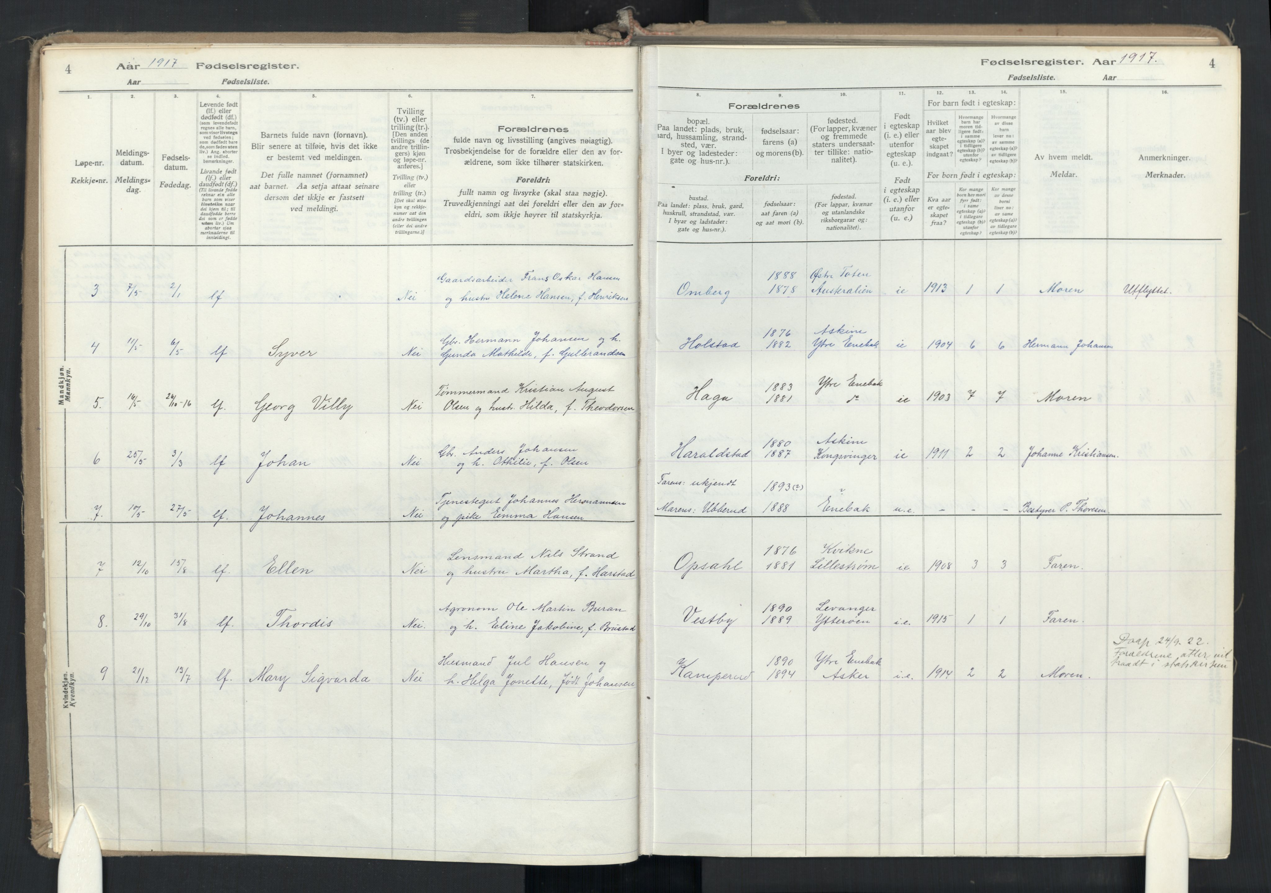 Enebakk prestekontor Kirkebøker, AV/SAO-A-10171c/J/Jb/L0001: Birth register no. II 1, 1916-1980, p. 4
