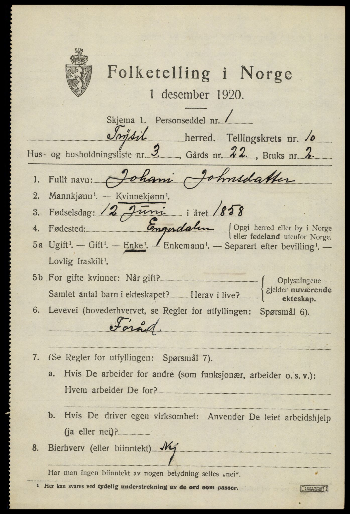 SAH, 1920 census for Trysil, 1920, p. 6881