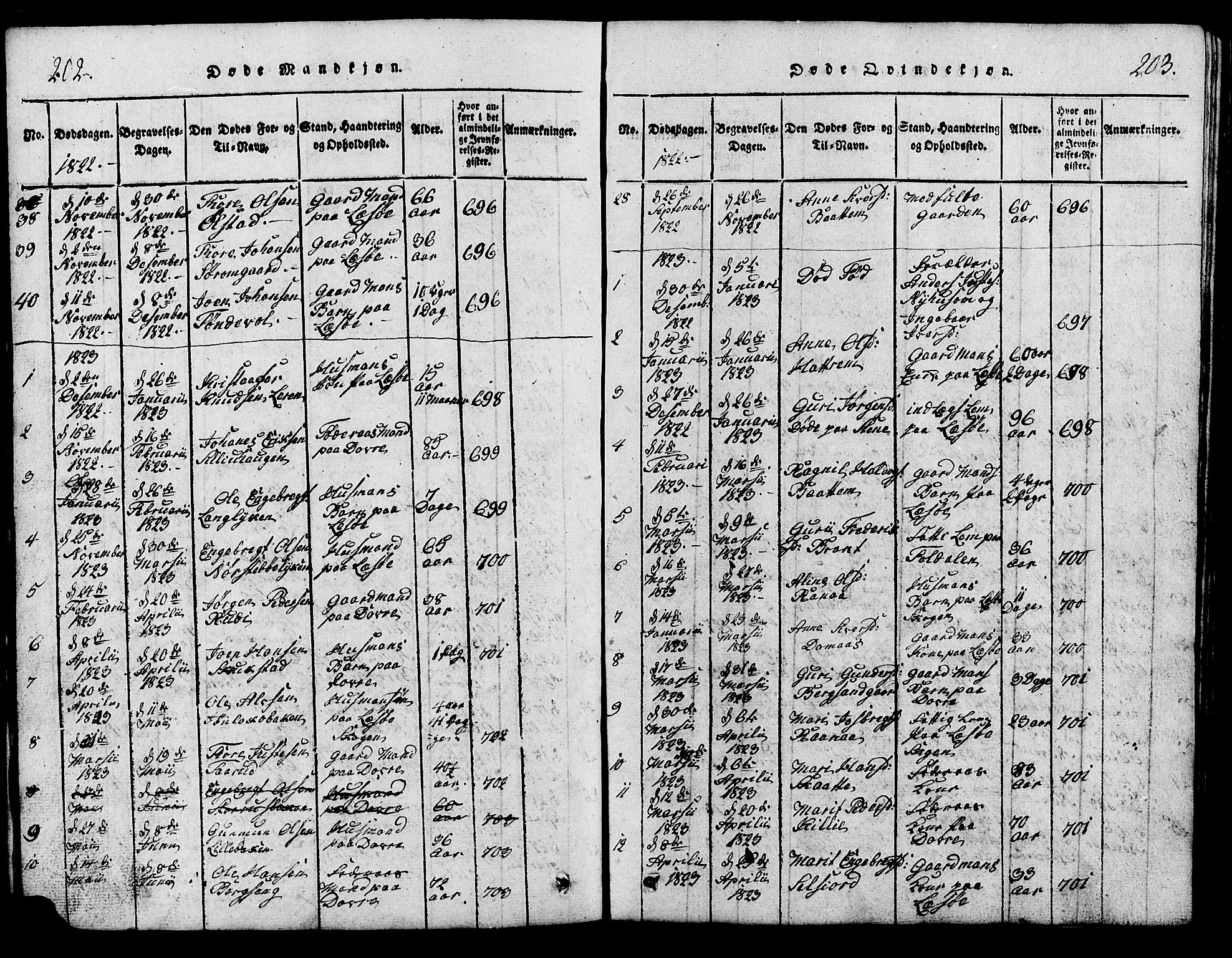 Lesja prestekontor, SAH/PREST-068/H/Ha/Hab/L0001: Parish register (copy) no. 1, 1820-1831, p. 202-203