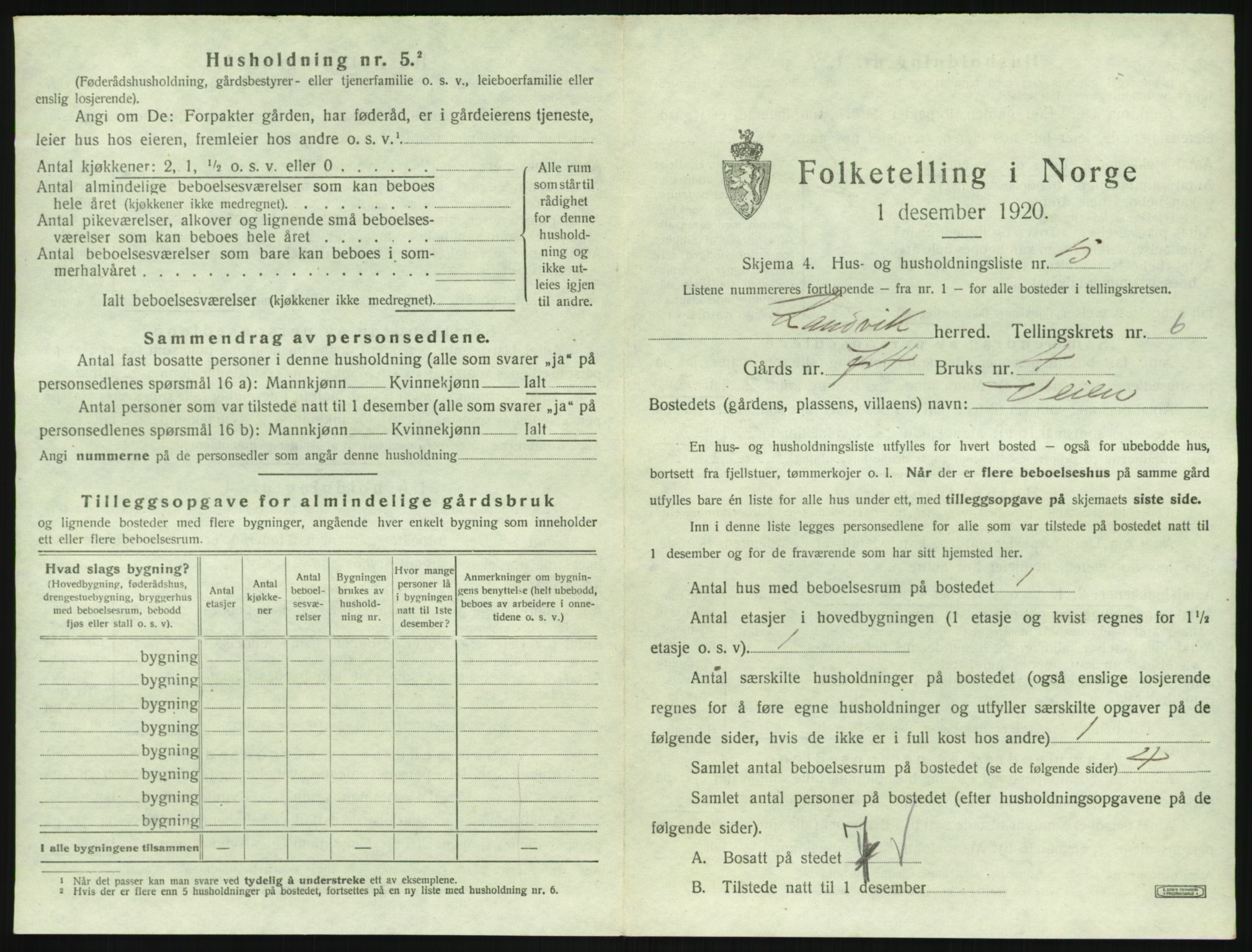 SAK, 1920 census for Landvik, 1920, p. 844