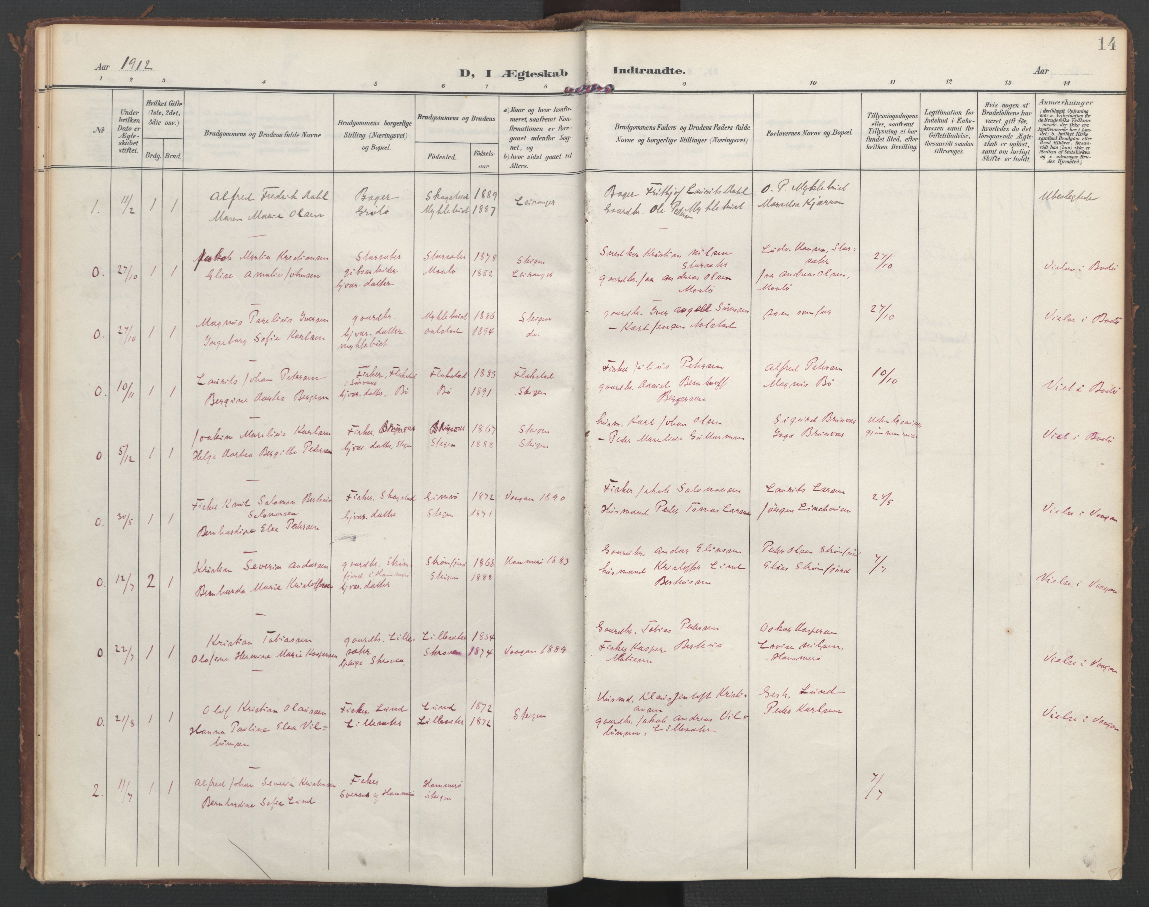 Ministerialprotokoller, klokkerbøker og fødselsregistre - Nordland, SAT/A-1459/855/L0806: Parish register (official) no. 855A14, 1906-1922, p. 14