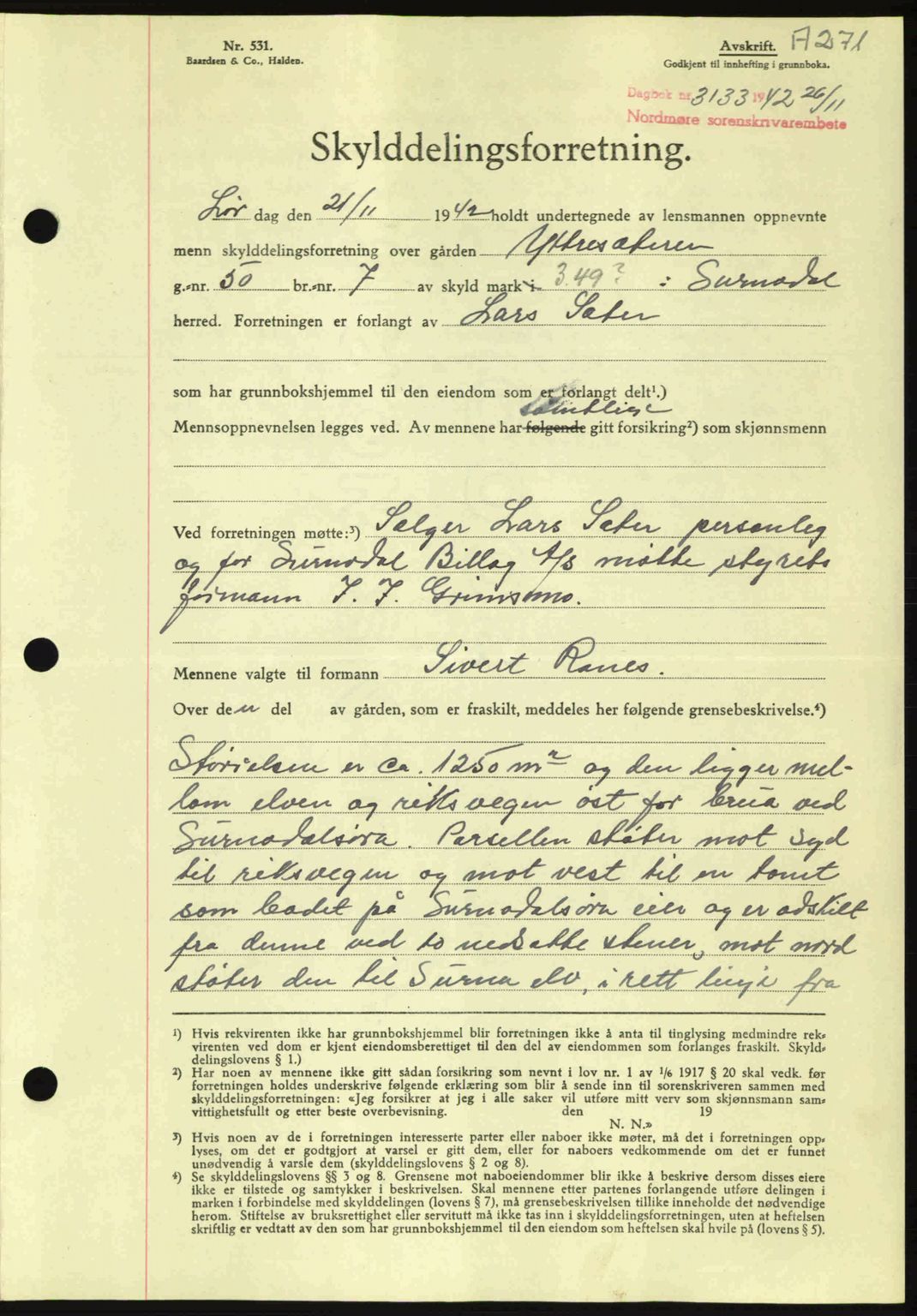 Nordmøre sorenskriveri, AV/SAT-A-4132/1/2/2Ca: Mortgage book no. A94, 1942-1943, Diary no: : 3133/1942