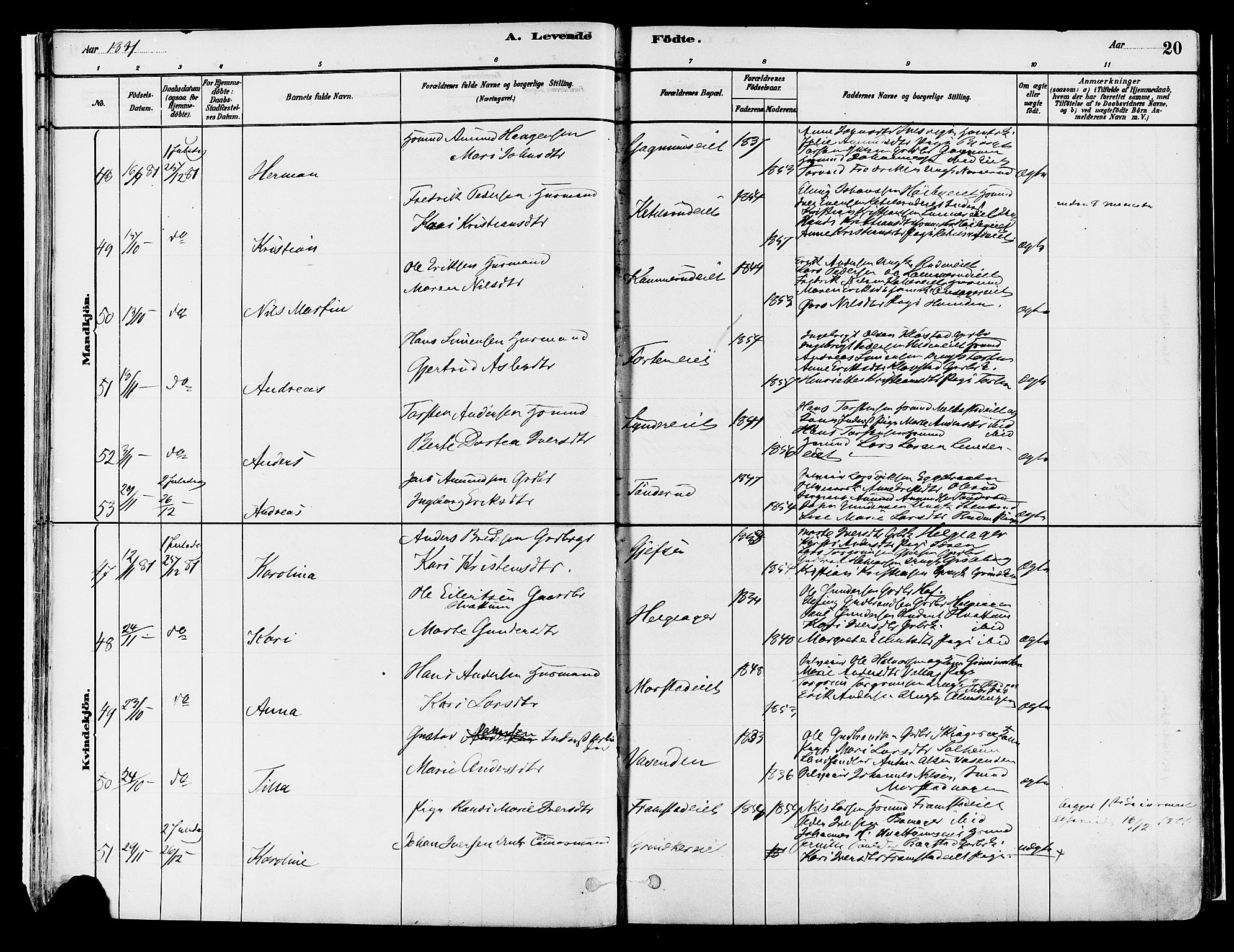 Gran prestekontor, SAH/PREST-112/H/Ha/Haa/L0014: Parish register (official) no. 14, 1880-1889, p. 20