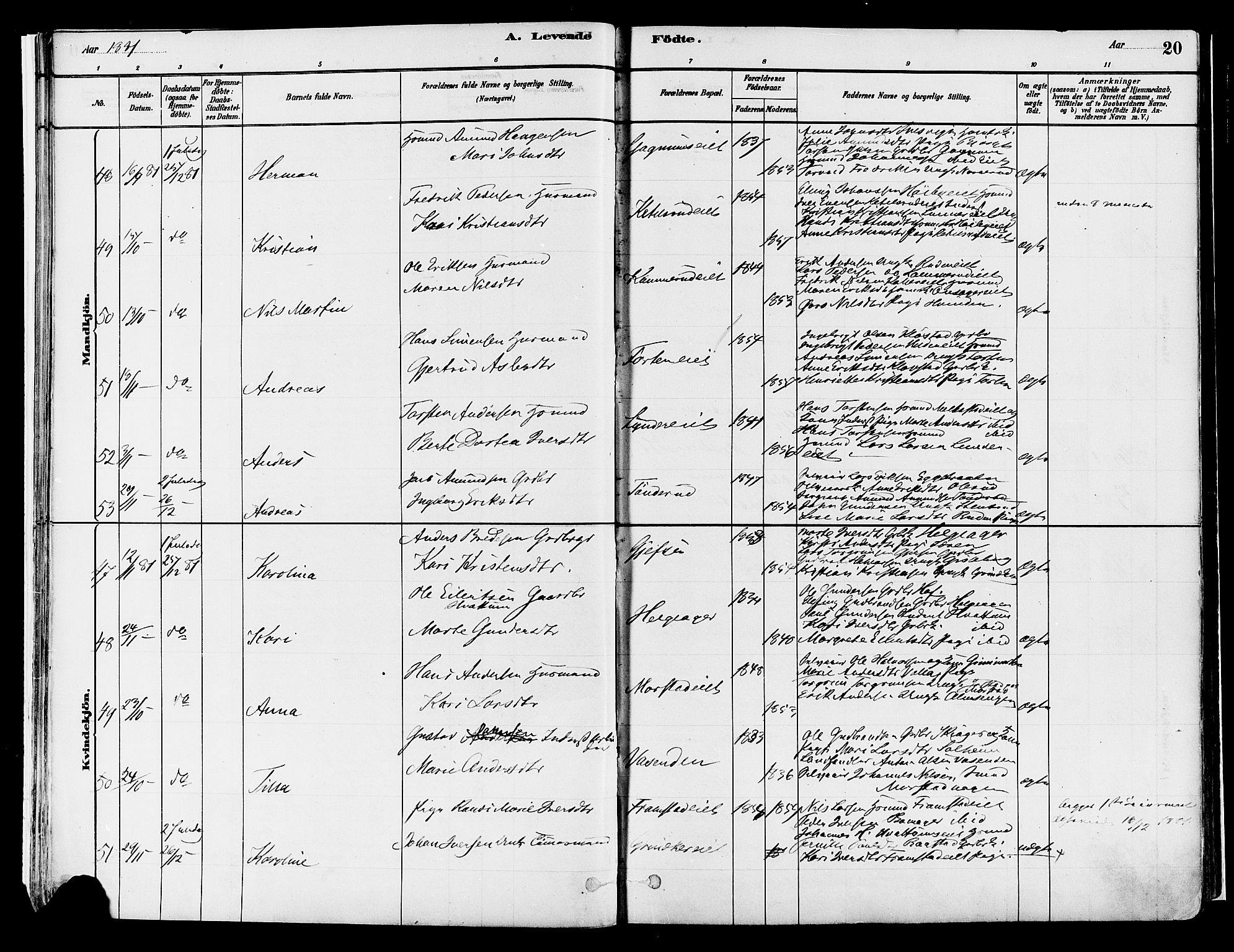 Gran prestekontor, AV/SAH-PREST-112/H/Ha/Haa/L0014: Parish register (official) no. 14, 1880-1889, p. 20