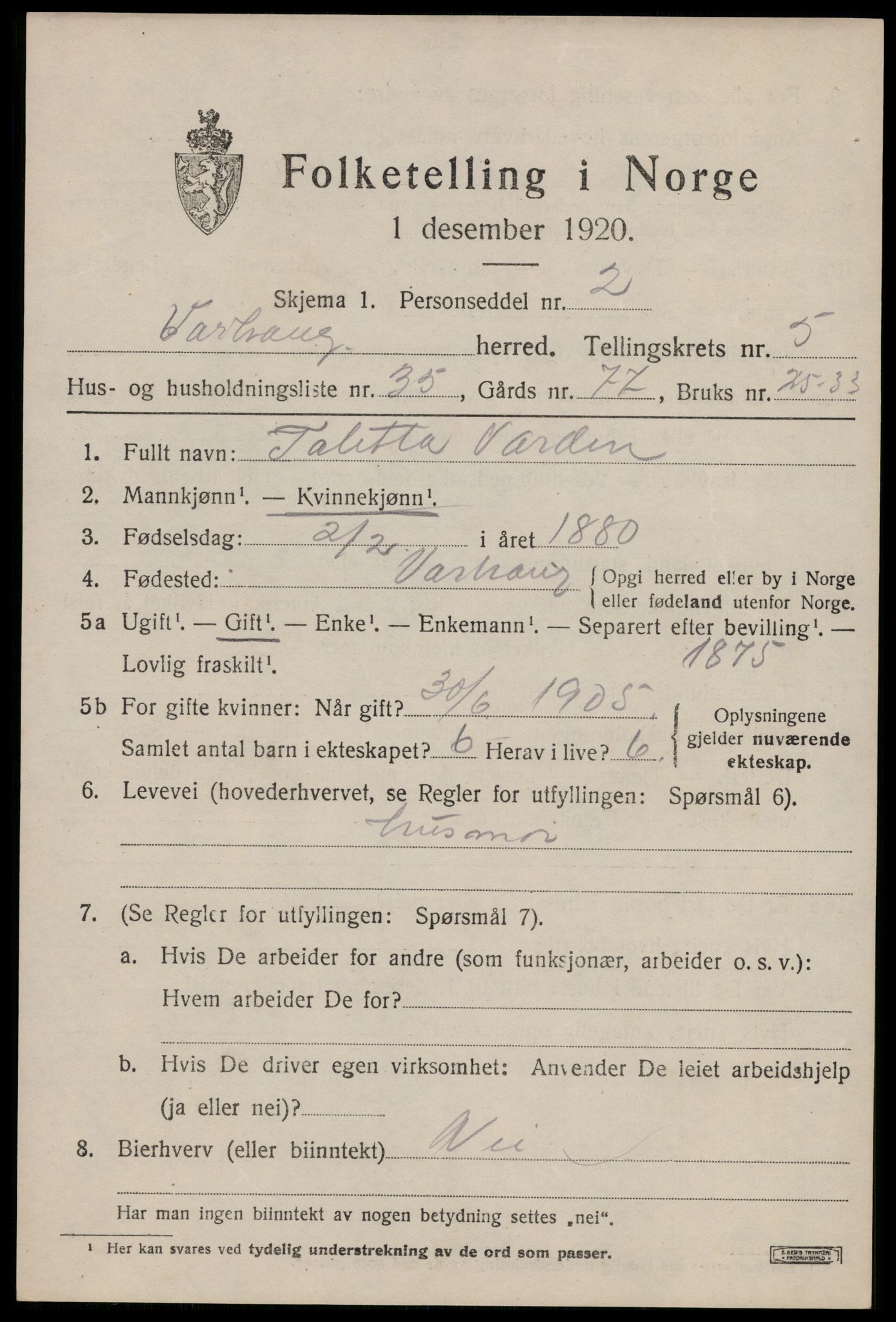 SAST, 1920 census for Varhaug, 1920, p. 4843