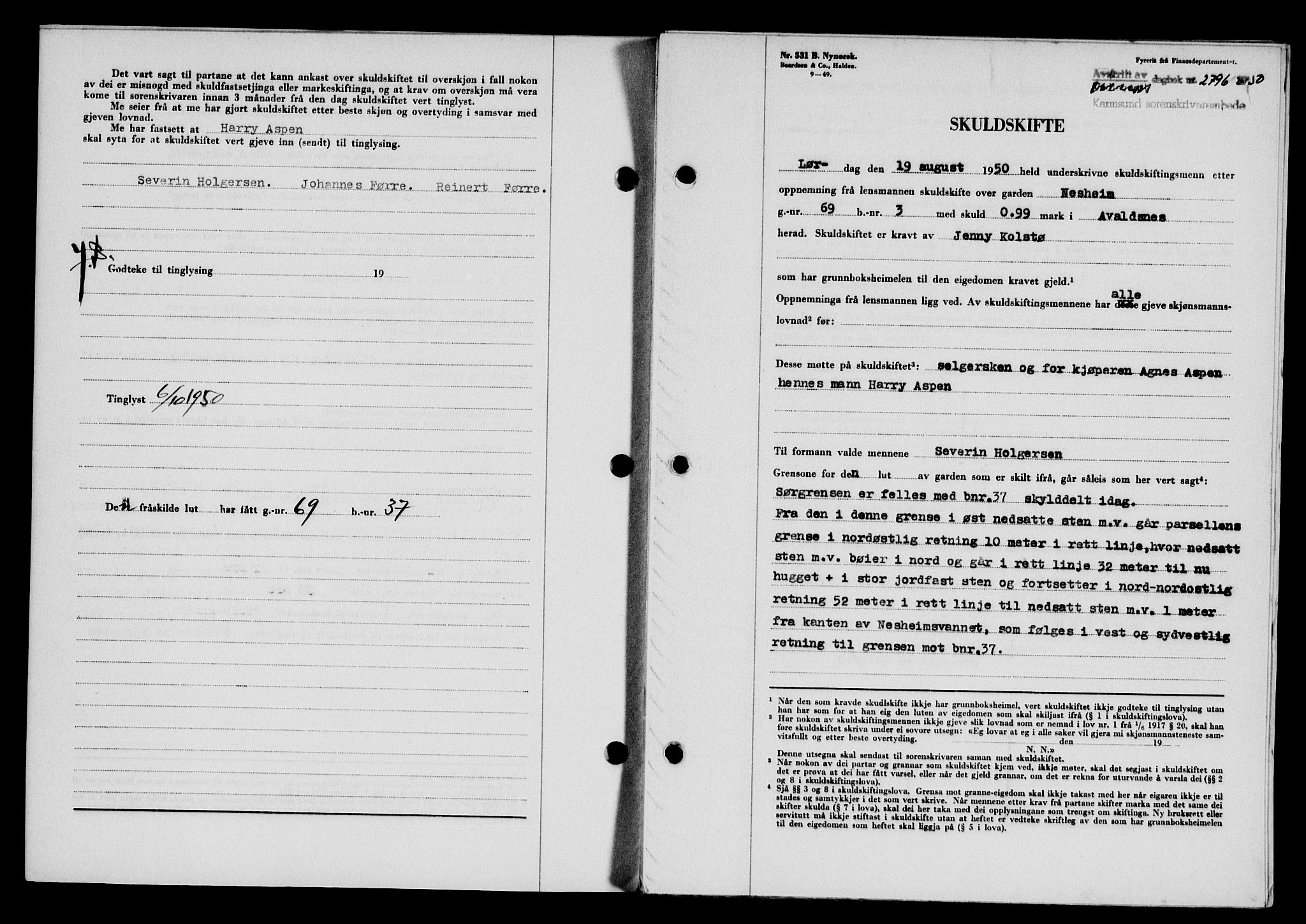 Karmsund sorenskriveri, SAST/A-100311/01/II/IIB/L0101: Mortgage book no. 81A, 1950-1951, Diary no: : 2796/1950