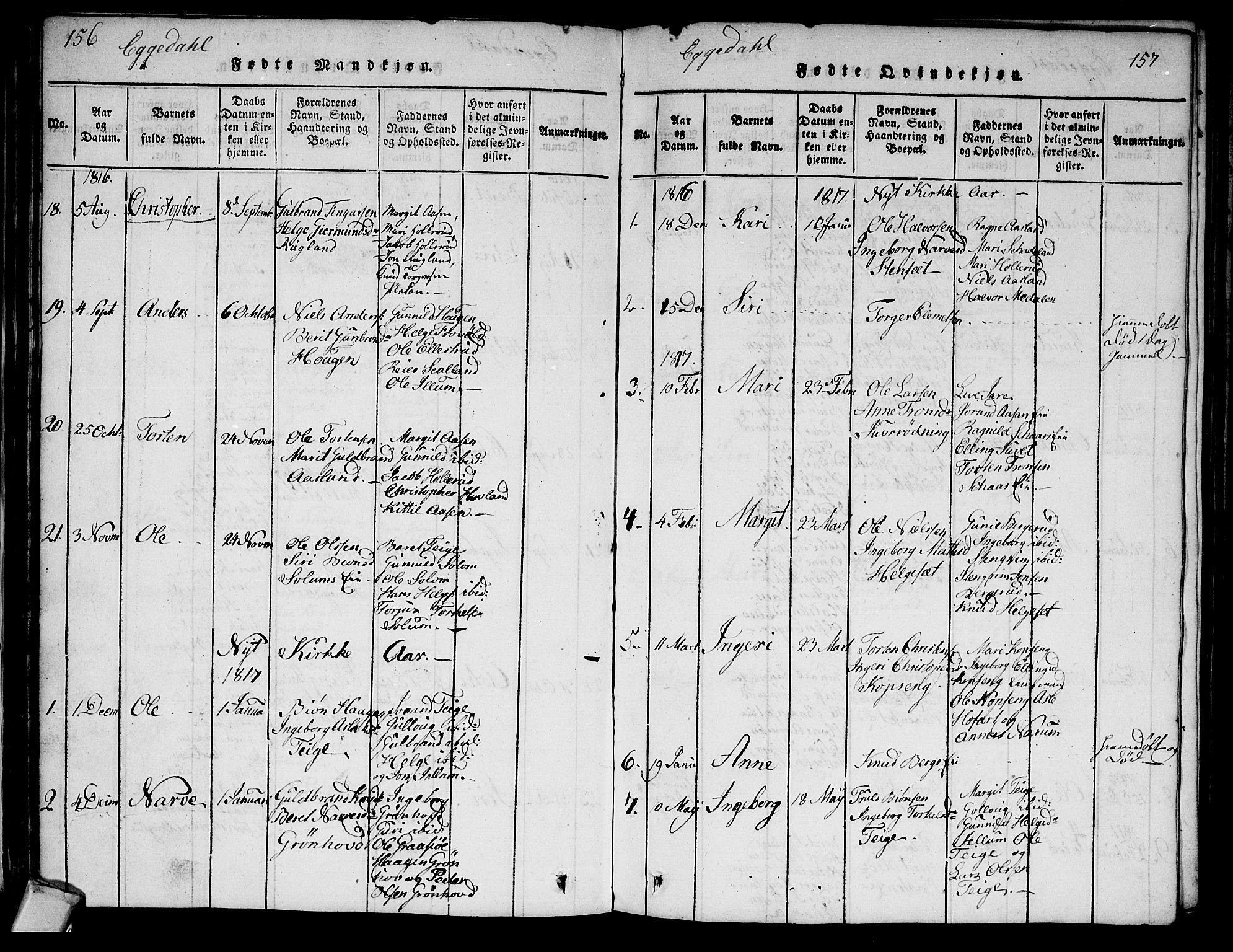 Sigdal kirkebøker, SAKO/A-245/G/Ga/L0001: Parish register (copy) no. I 1 /2, 1816-1835, p. 156-157