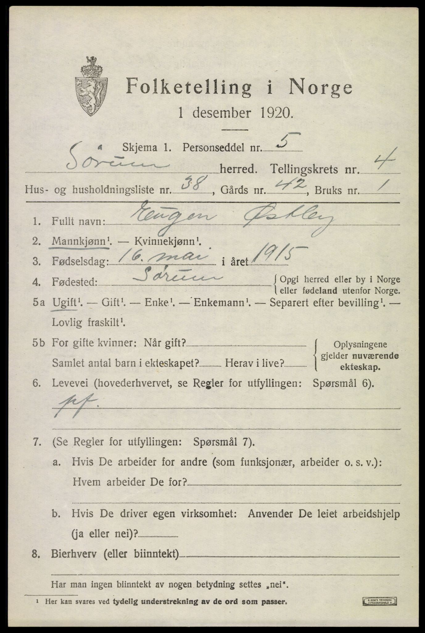 SAO, 1920 census for Sørum, 1920, p. 3855