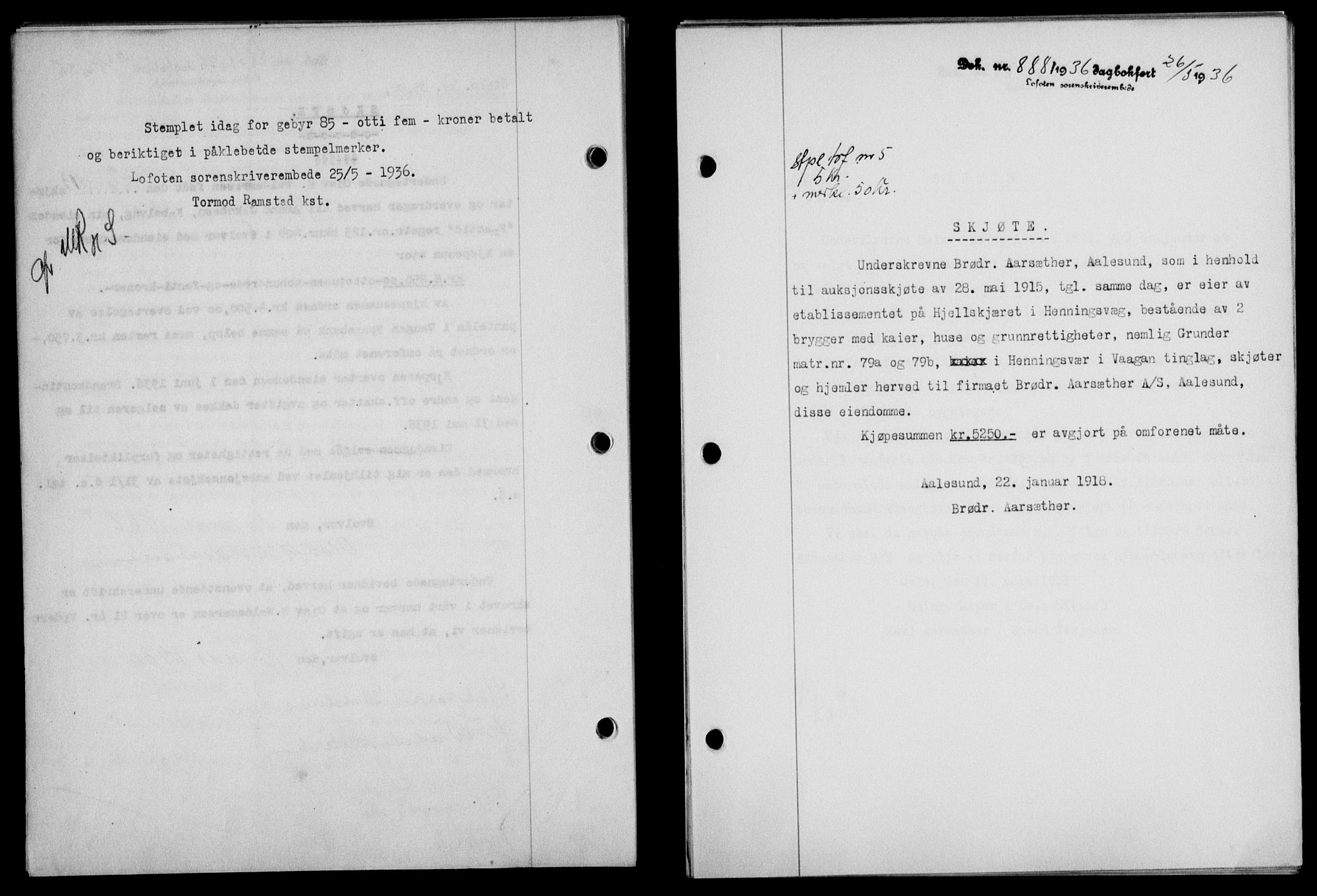 Lofoten sorenskriveri, SAT/A-0017/1/2/2C/L0033b: Mortgage book no. 33b, 1936-1936, Diary no: : 888/1936
