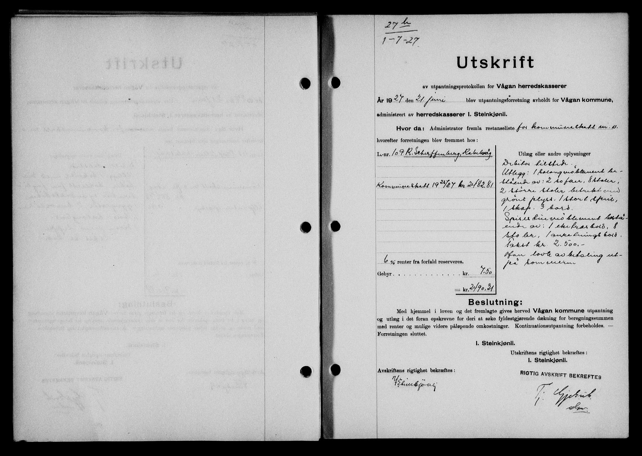 Lofoten sorenskriveri, SAT/A-0017/1/2/2C/L0015b: Mortgage book no. 15b, 1927-1927, Deed date: 01.07.1927
