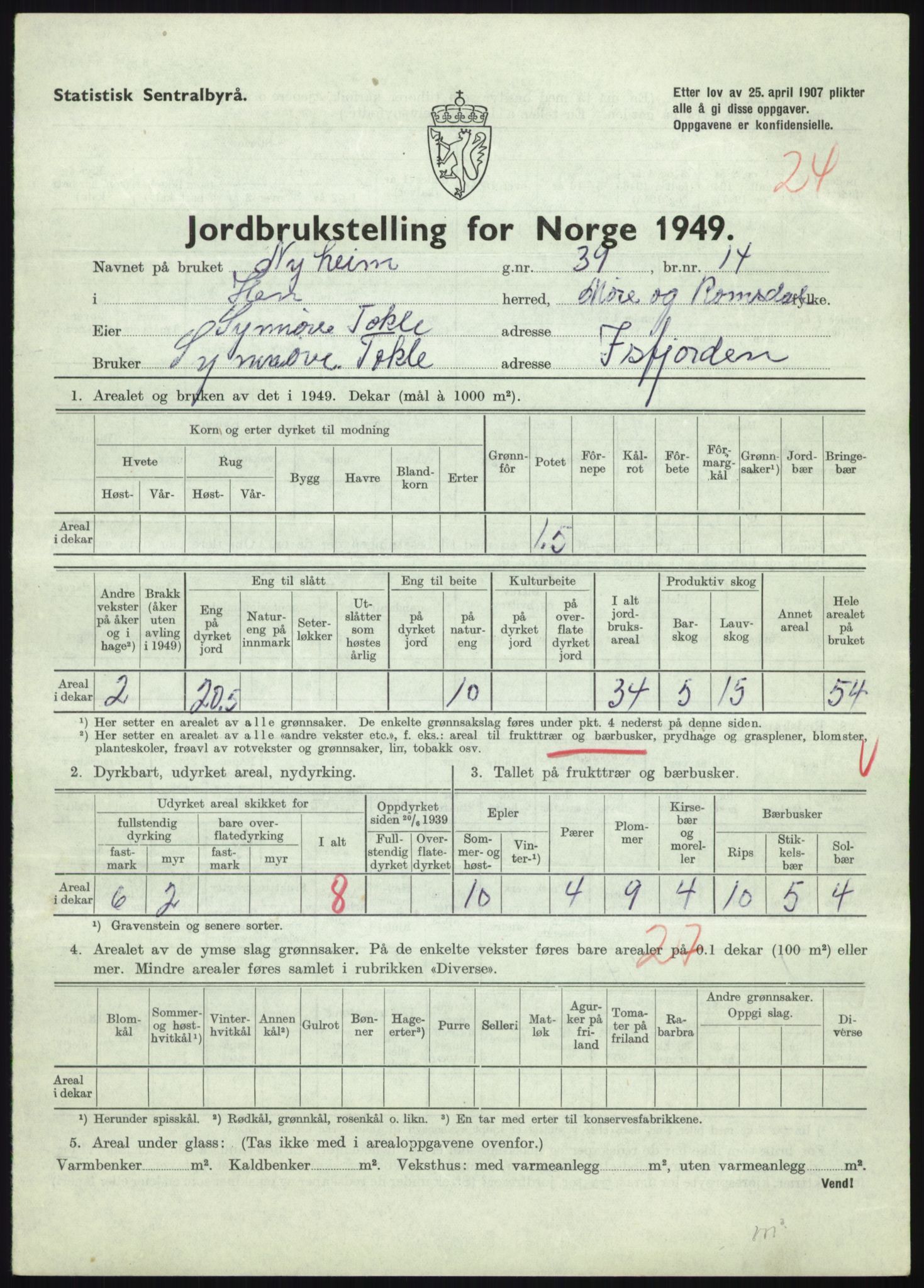 Statistisk sentralbyrå, Næringsøkonomiske emner, Jordbruk, skogbruk, jakt, fiske og fangst, AV/RA-S-2234/G/Gc/L0323: Møre og Romsdal: Grytten og Hen, 1949, p. 681