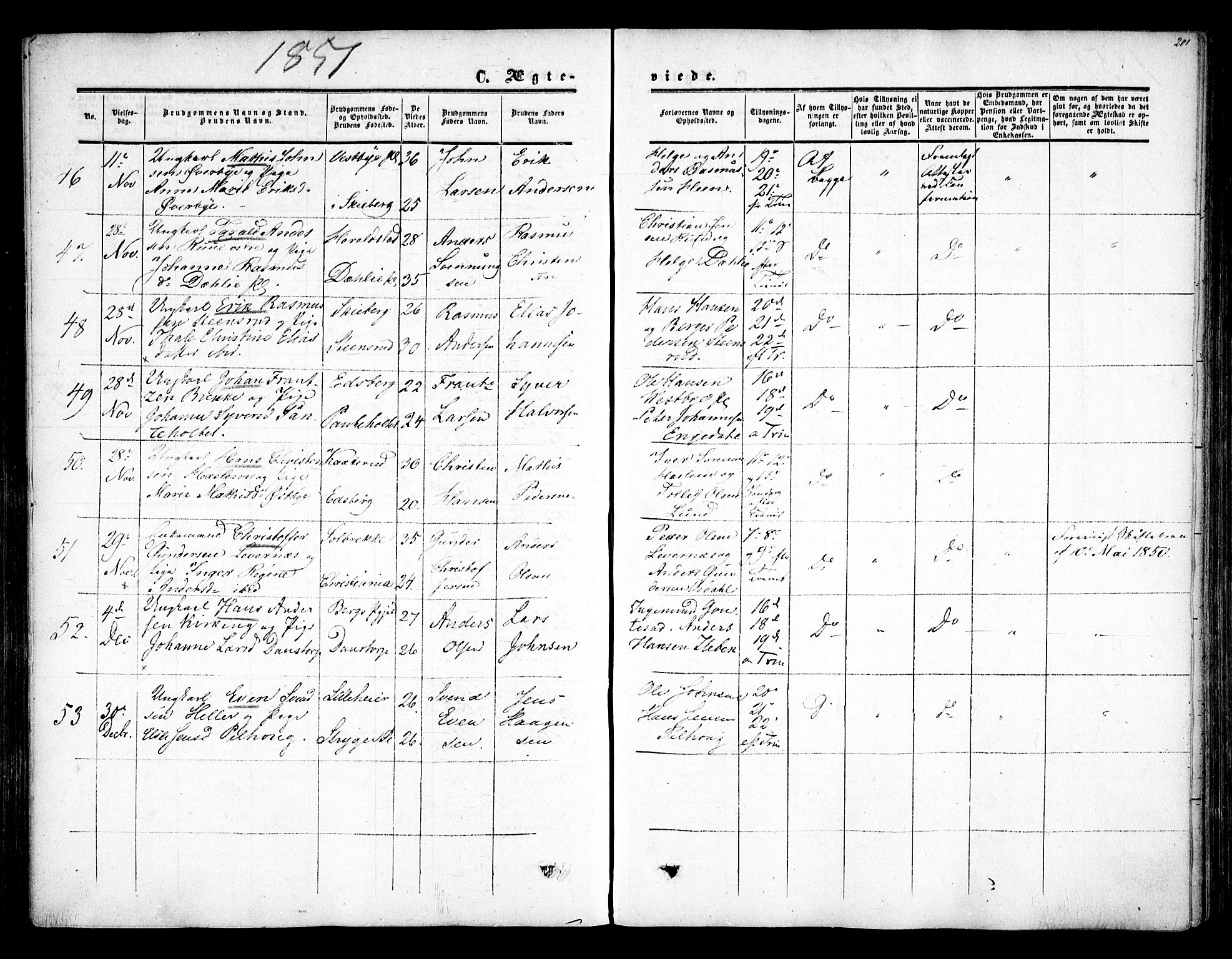 Rakkestad prestekontor Kirkebøker, AV/SAO-A-2008/F/Fa/L0009: Parish register (official) no. I 9, 1850-1856, p. 201