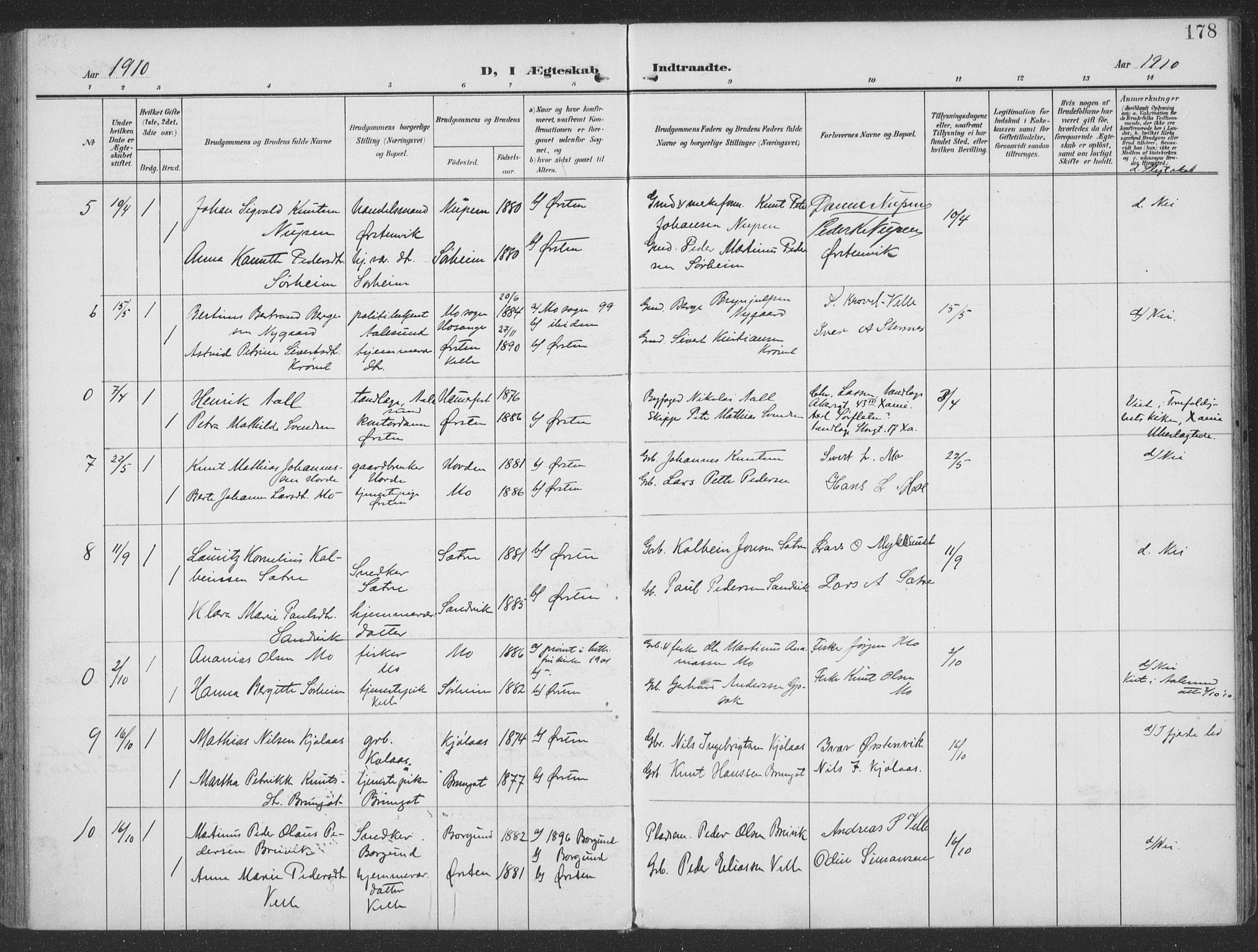 Ministerialprotokoller, klokkerbøker og fødselsregistre - Møre og Romsdal, SAT/A-1454/513/L0178: Parish register (official) no. 513A05, 1906-1919, p. 178