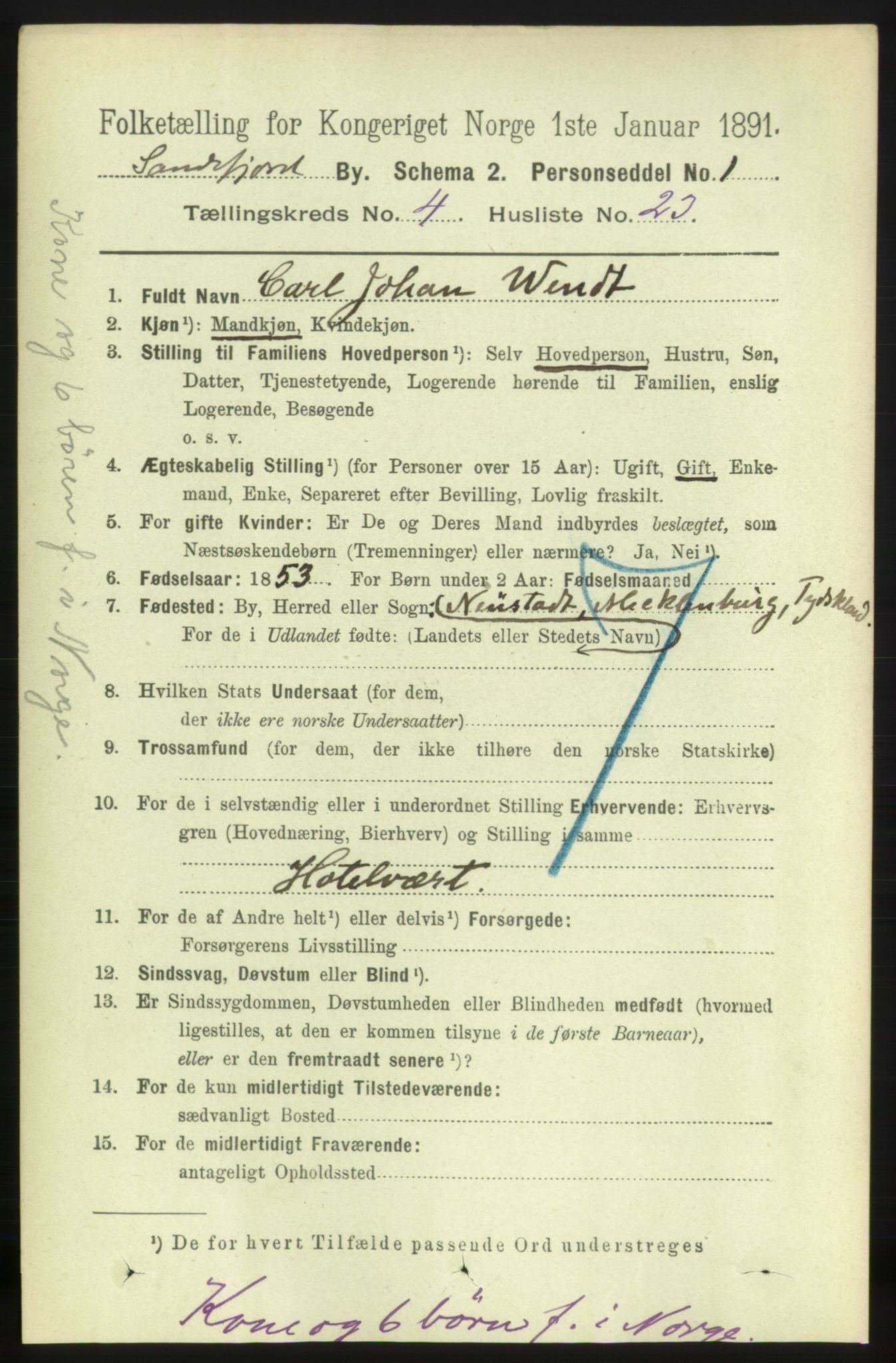 RA, 1891 census for 0706 Sandefjord, 1891, p. 1334