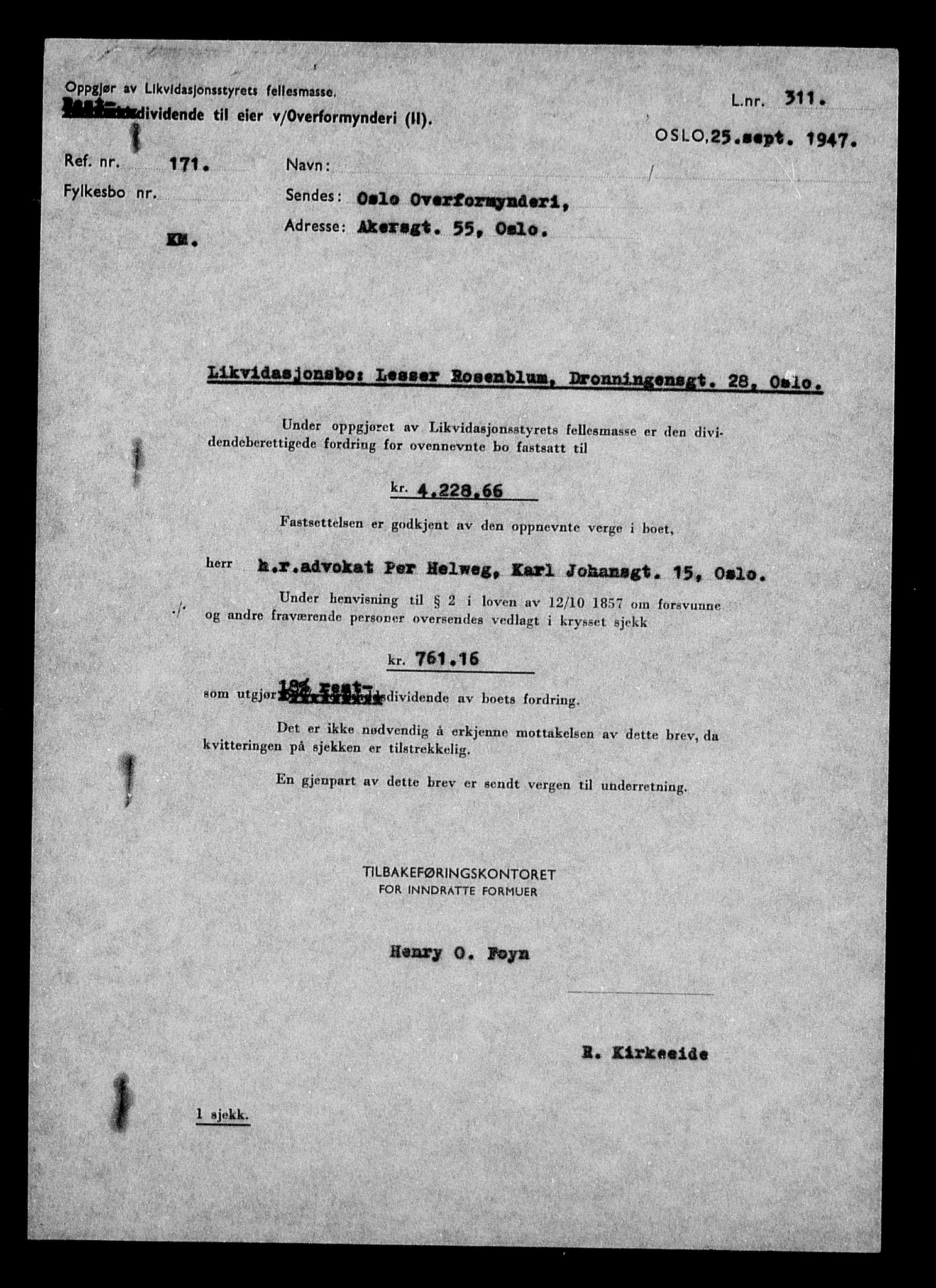 Justisdepartementet, Tilbakeføringskontoret for inndratte formuer, AV/RA-S-1564/H/Hc/Hcc/L0974: --, 1945-1947, p. 8