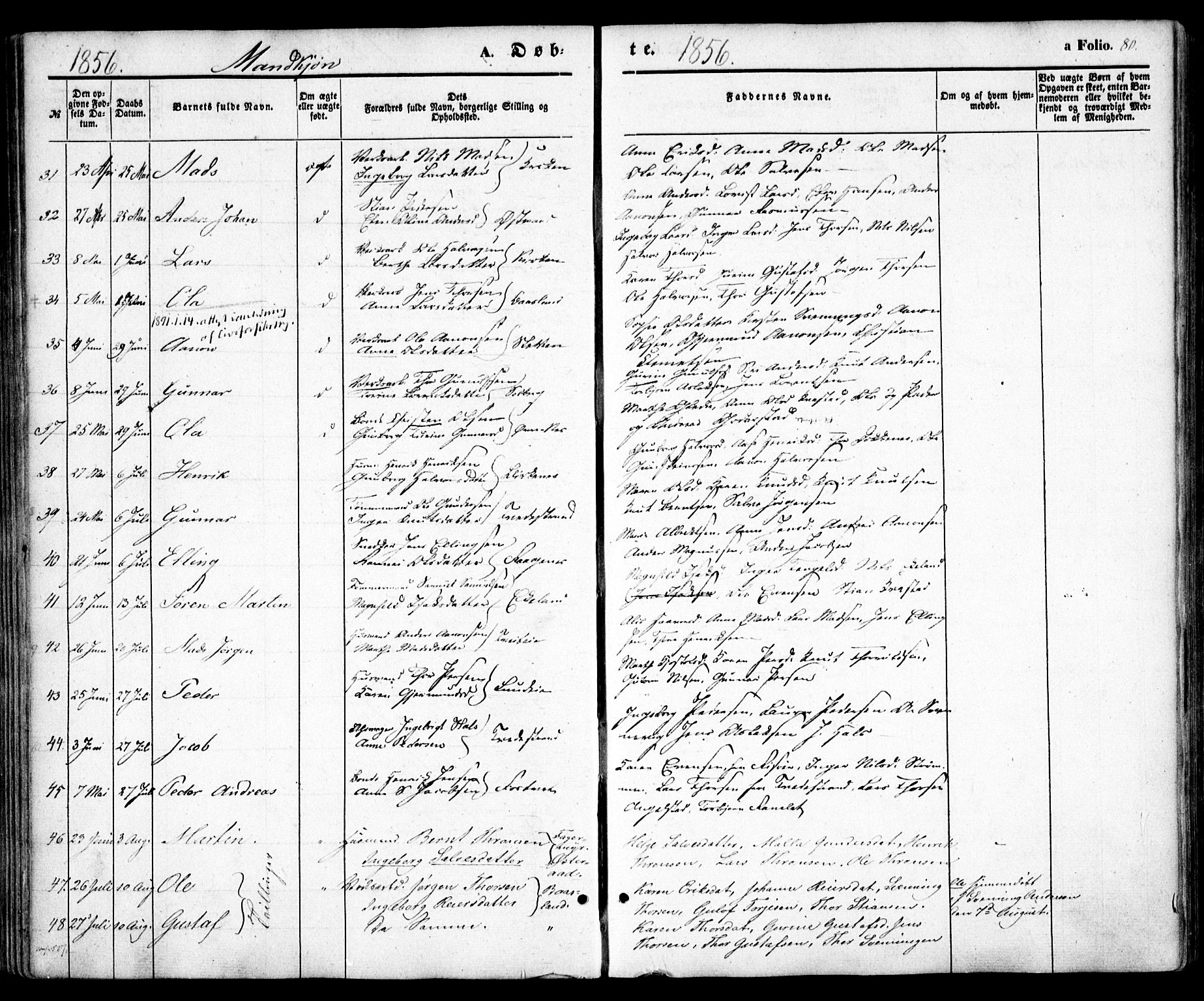 Holt sokneprestkontor, AV/SAK-1111-0021/F/Fa/L0008: Parish register (official) no. A 8, 1849-1860, p. 80