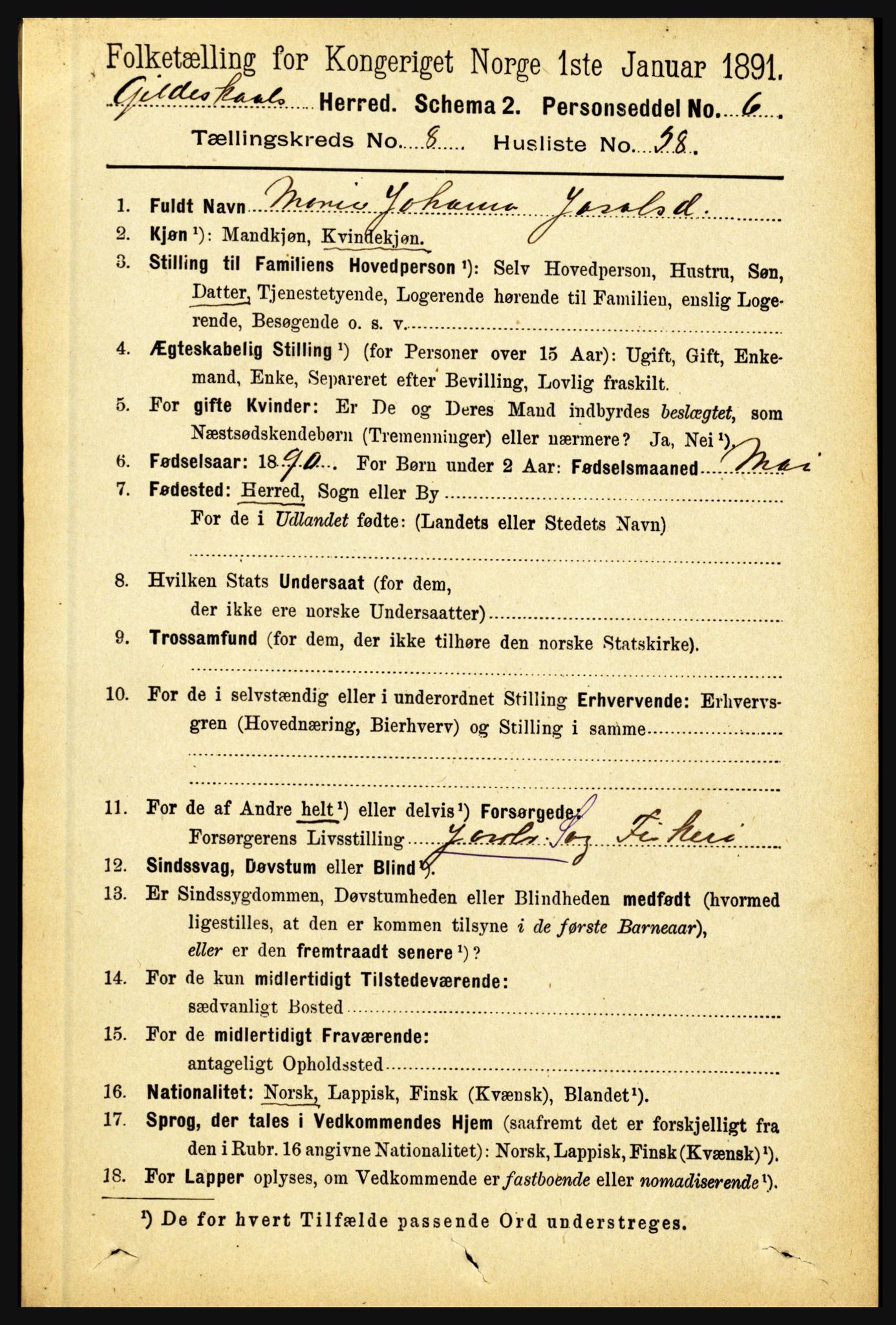 RA, 1891 census for 1838 Gildeskål, 1891, p. 2710