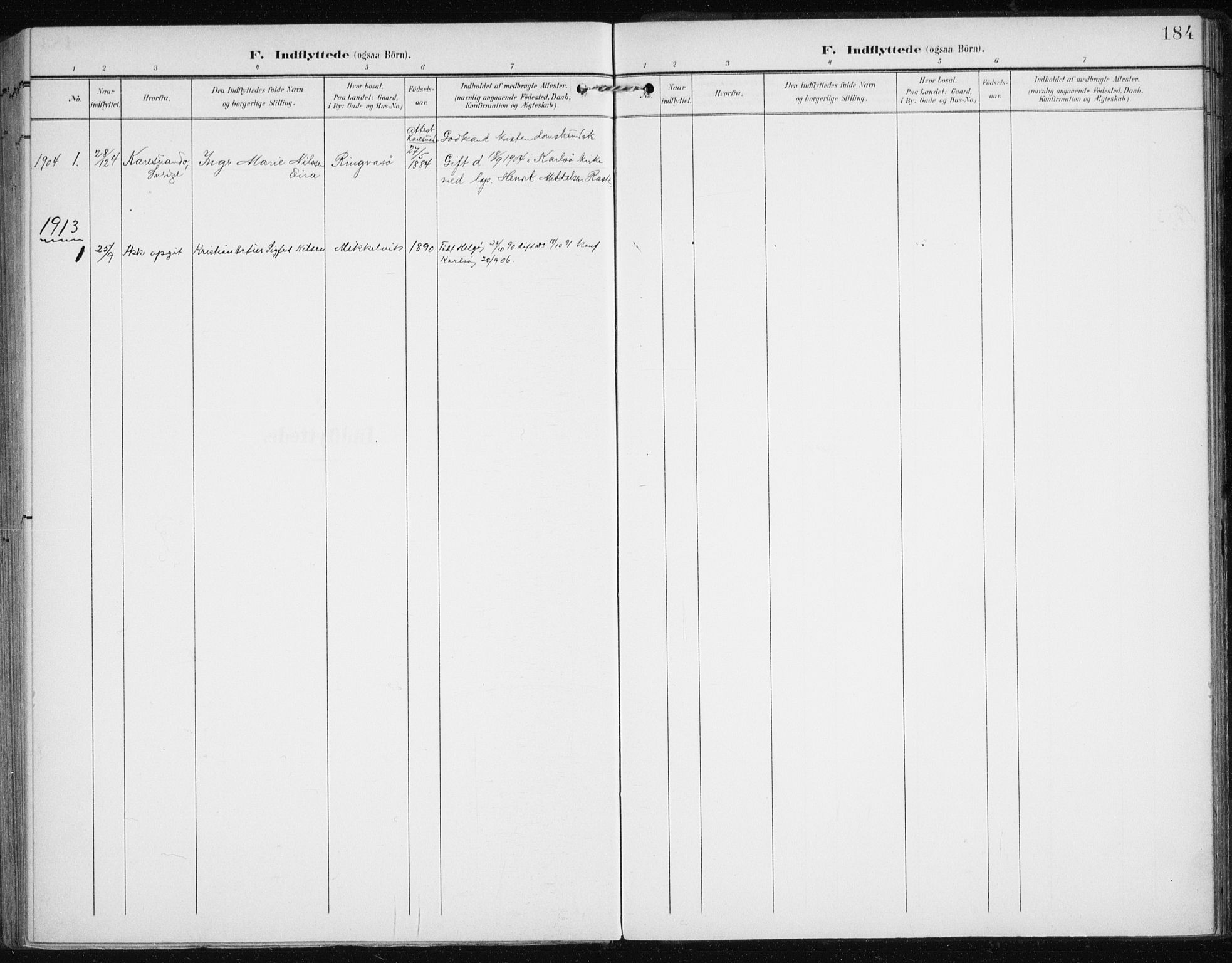 Karlsøy sokneprestembete, AV/SATØ-S-1299/H/Ha/Haa/L0013kirke: Parish register (official) no. 13, 1902-1916, p. 184