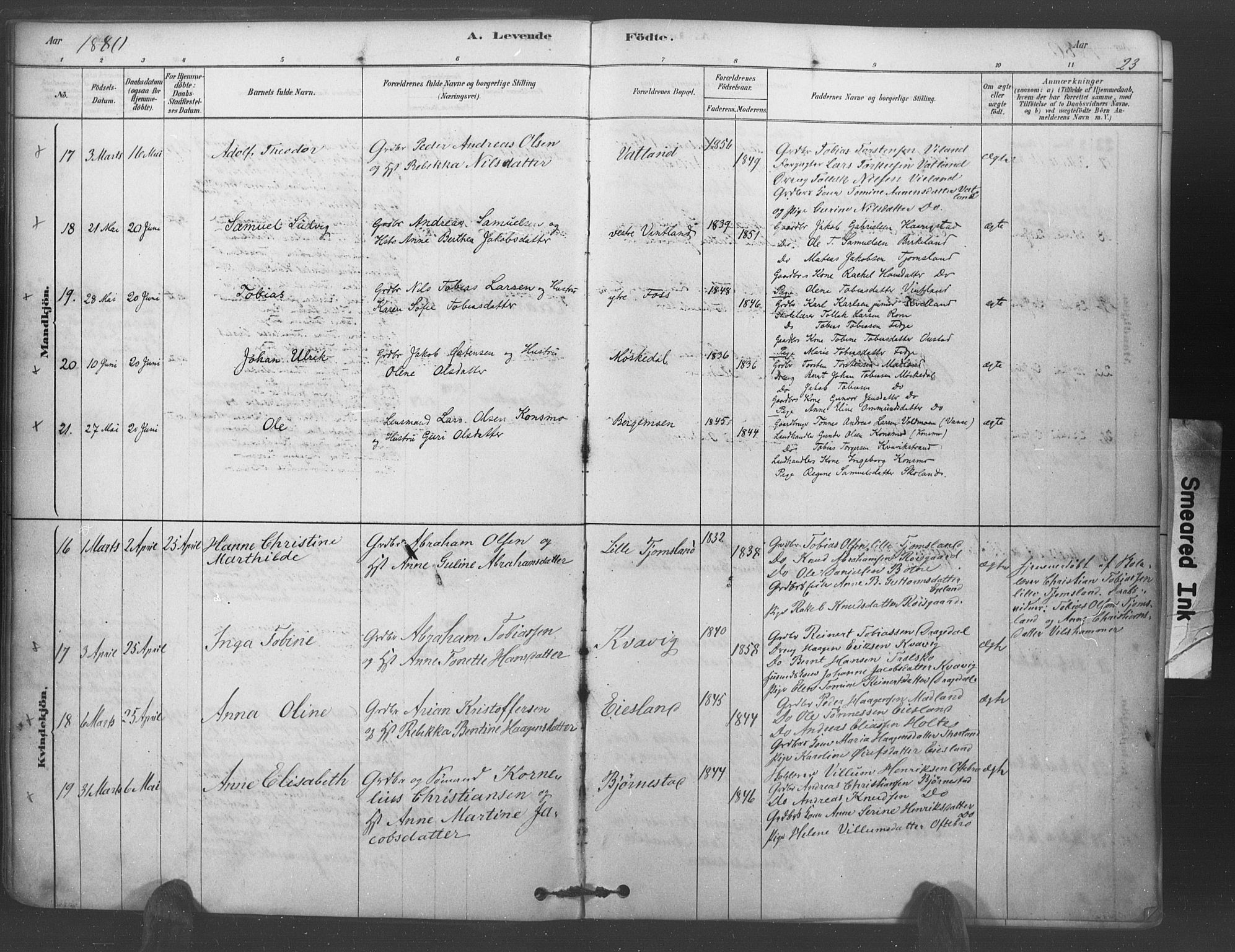 Lyngdal sokneprestkontor, AV/SAK-1111-0029/F/Fa/Fac/L0011: Parish register (official) no. A 11, 1878-1893, p. 23