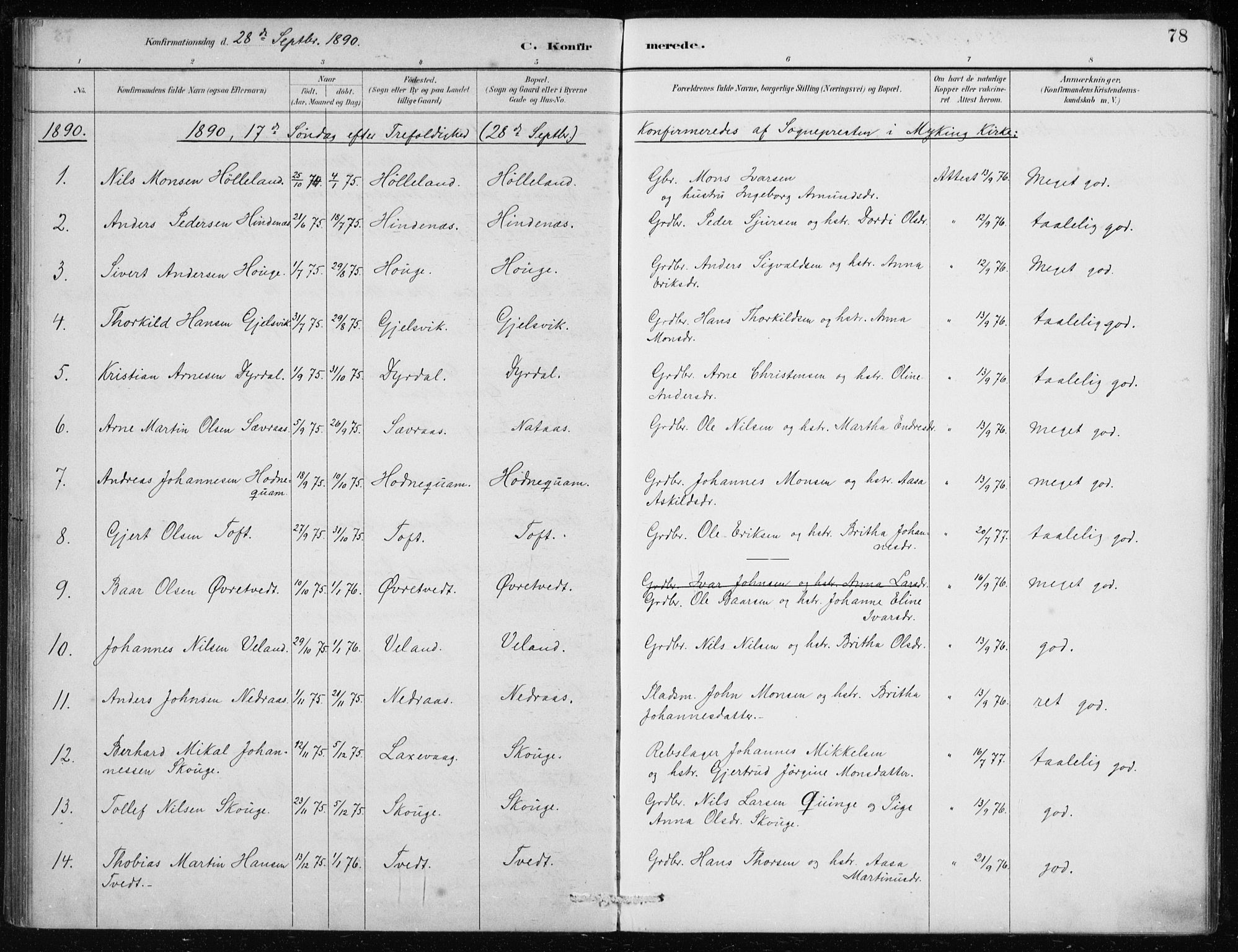 Lindås Sokneprestembete, AV/SAB-A-76701/H/Haa/Haaf/L0001: Parish register (official) no. F  1, 1886-1897, p. 78