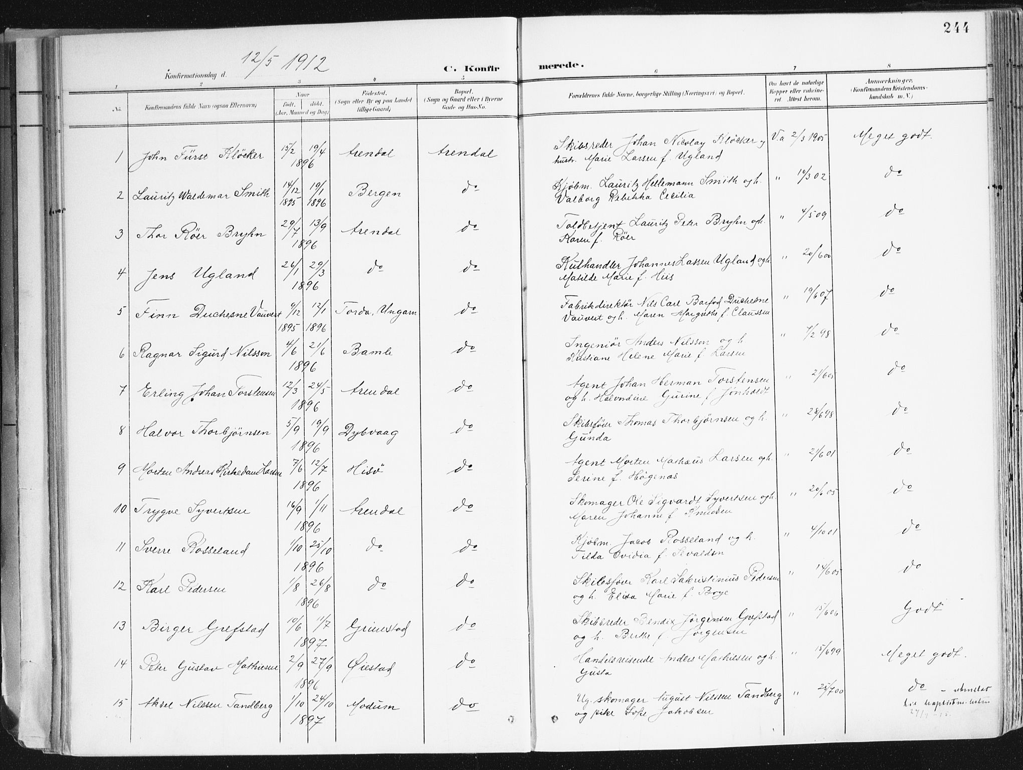 Arendal sokneprestkontor, Trefoldighet, SAK/1111-0040/F/Fa/L0010: Parish register (official) no. A 10, 1900-1919, p. 244