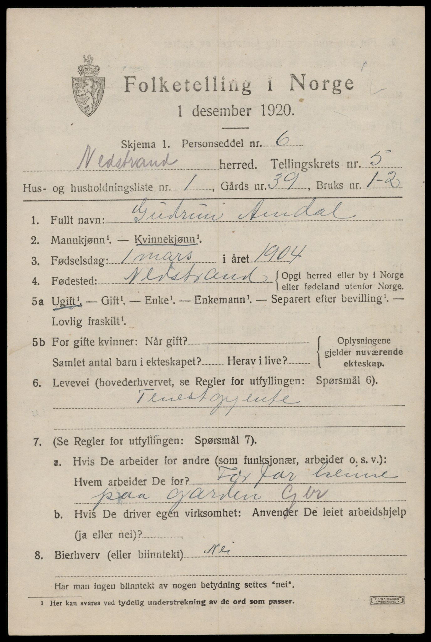 SAST, 1920 census for Nedstrand, 1920, p. 2275