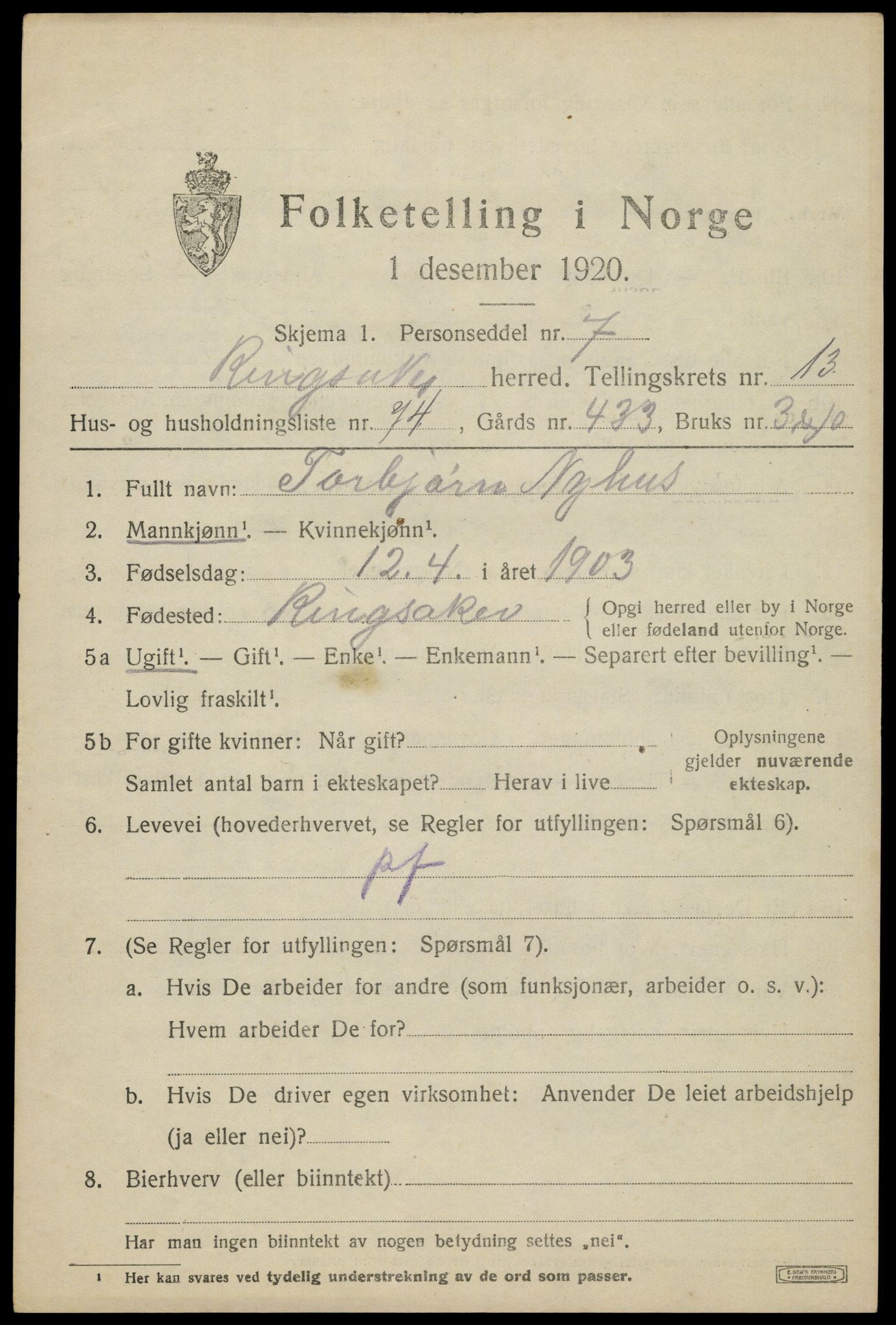 SAH, 1920 census for Ringsaker, 1920, p. 21558