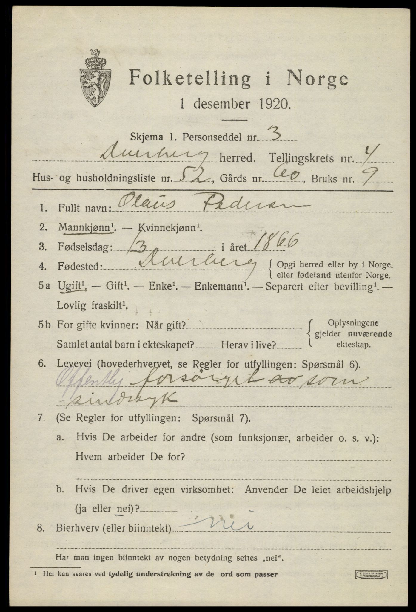 SAT, 1920 census for Dverberg, 1920, p. 5840