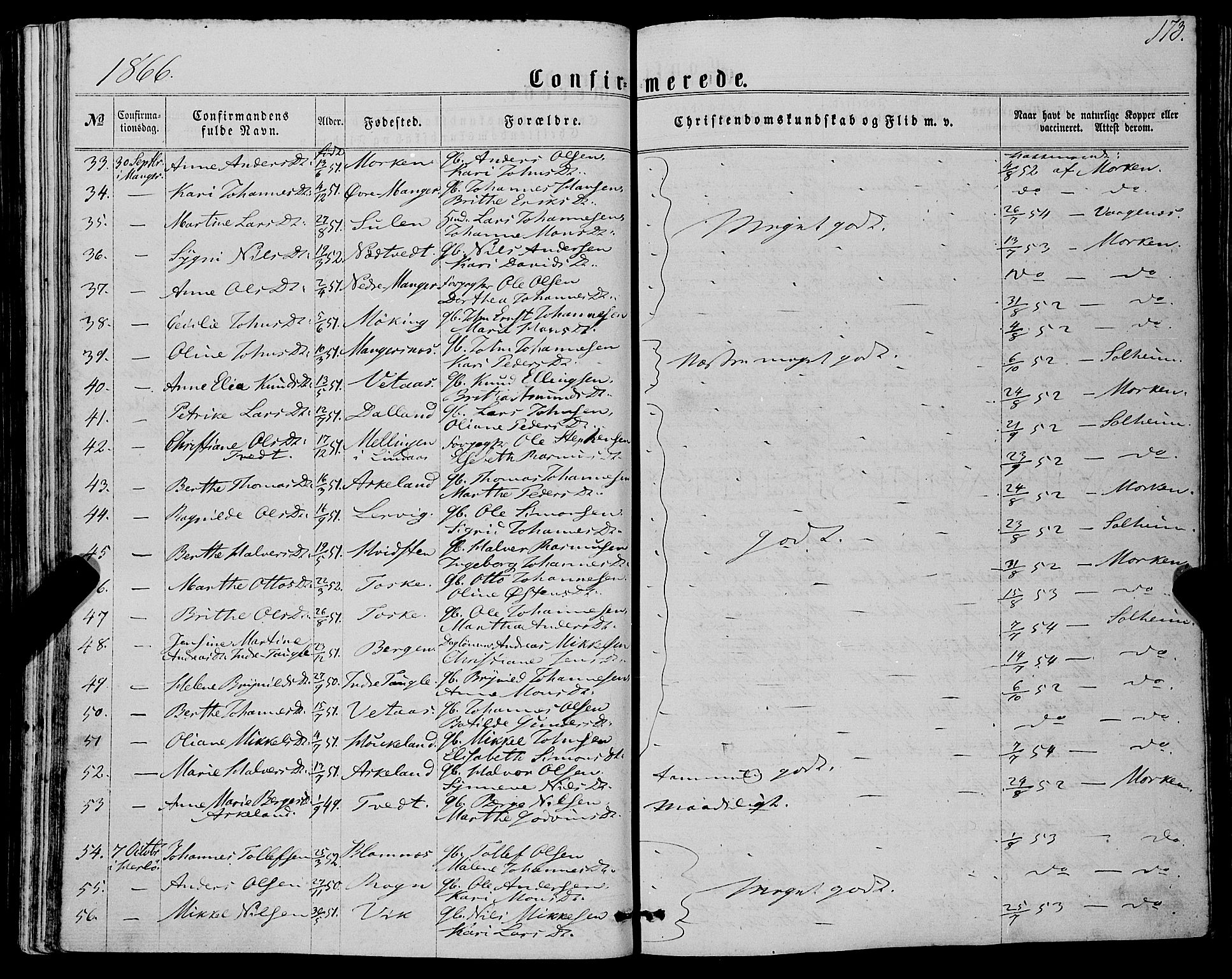 Manger sokneprestembete, AV/SAB-A-76801/H/Haa: Parish register (official) no. A 7, 1860-1870, p. 173