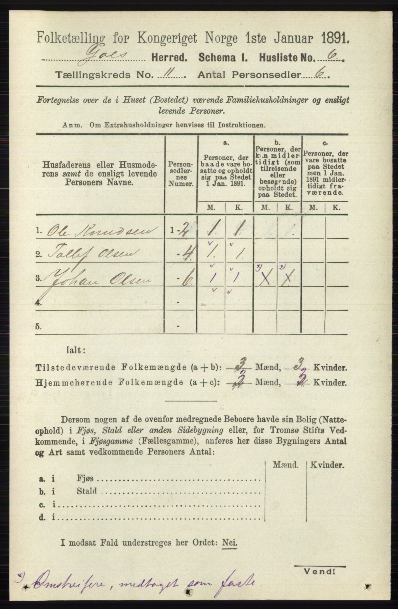 RA, 1891 census for 0617 Gol og Hemsedal, 1891, p. 4287