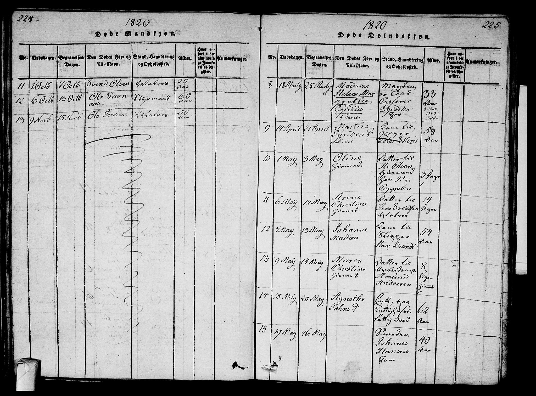 Strømsø kirkebøker, AV/SAKO-A-246/G/Ga/L0001: Parish register (copy) no. 1, 1815-1829, p. 224-225