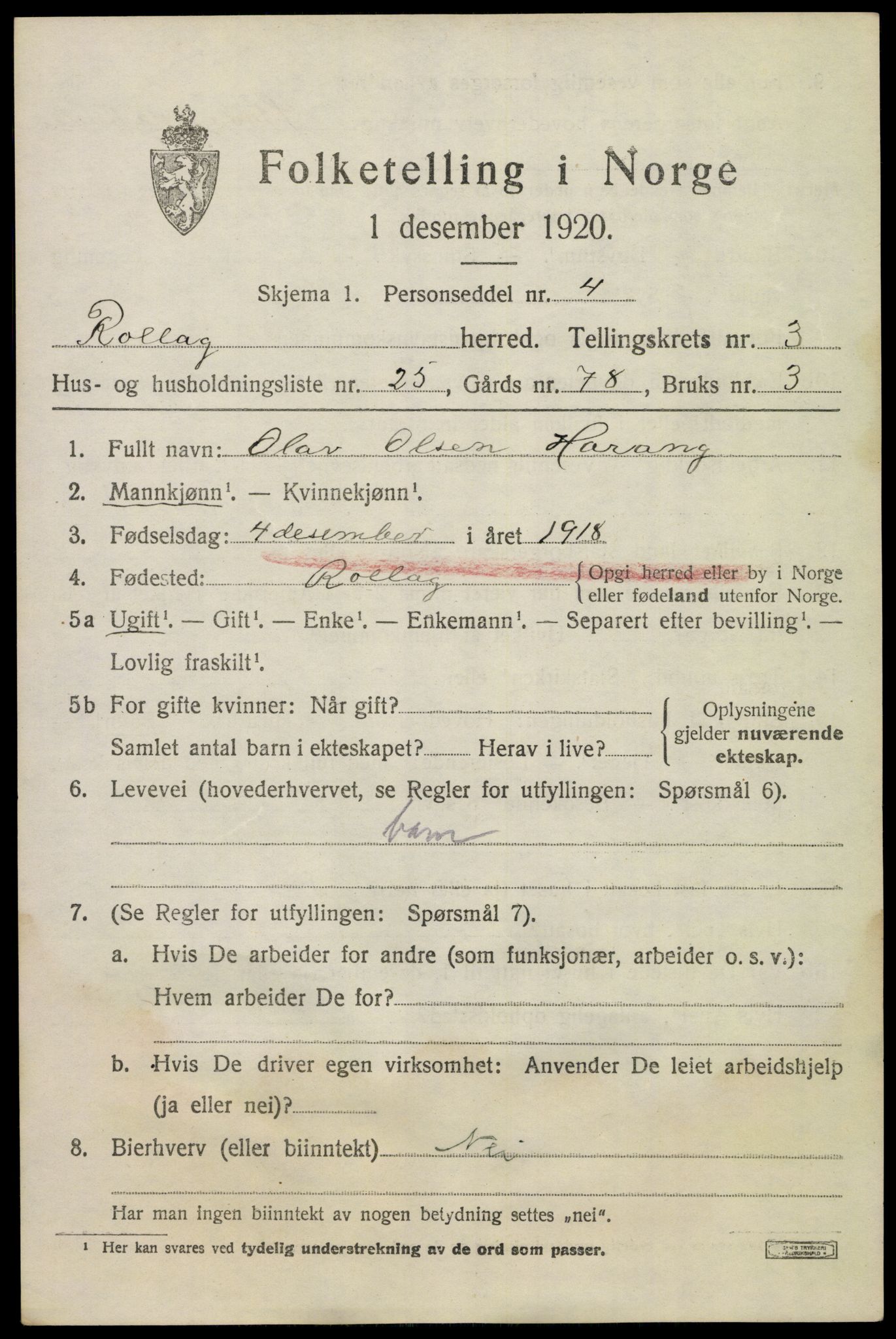 SAKO, 1920 census for Rollag, 1920, p. 1778