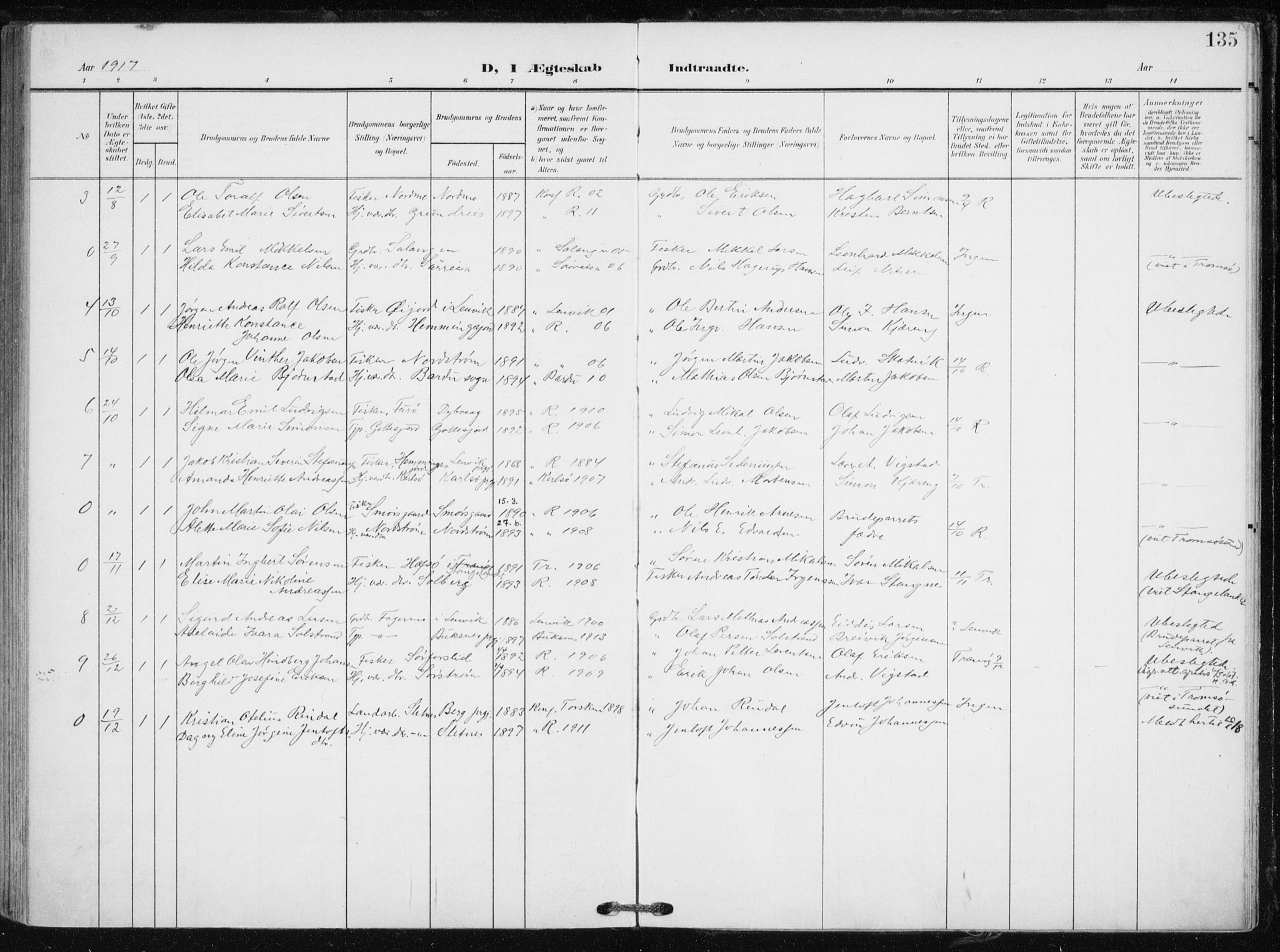 Tranøy sokneprestkontor, SATØ/S-1313/I/Ia/Iaa/L0012kirke: Parish register (official) no. 12, 1905-1918, p. 135