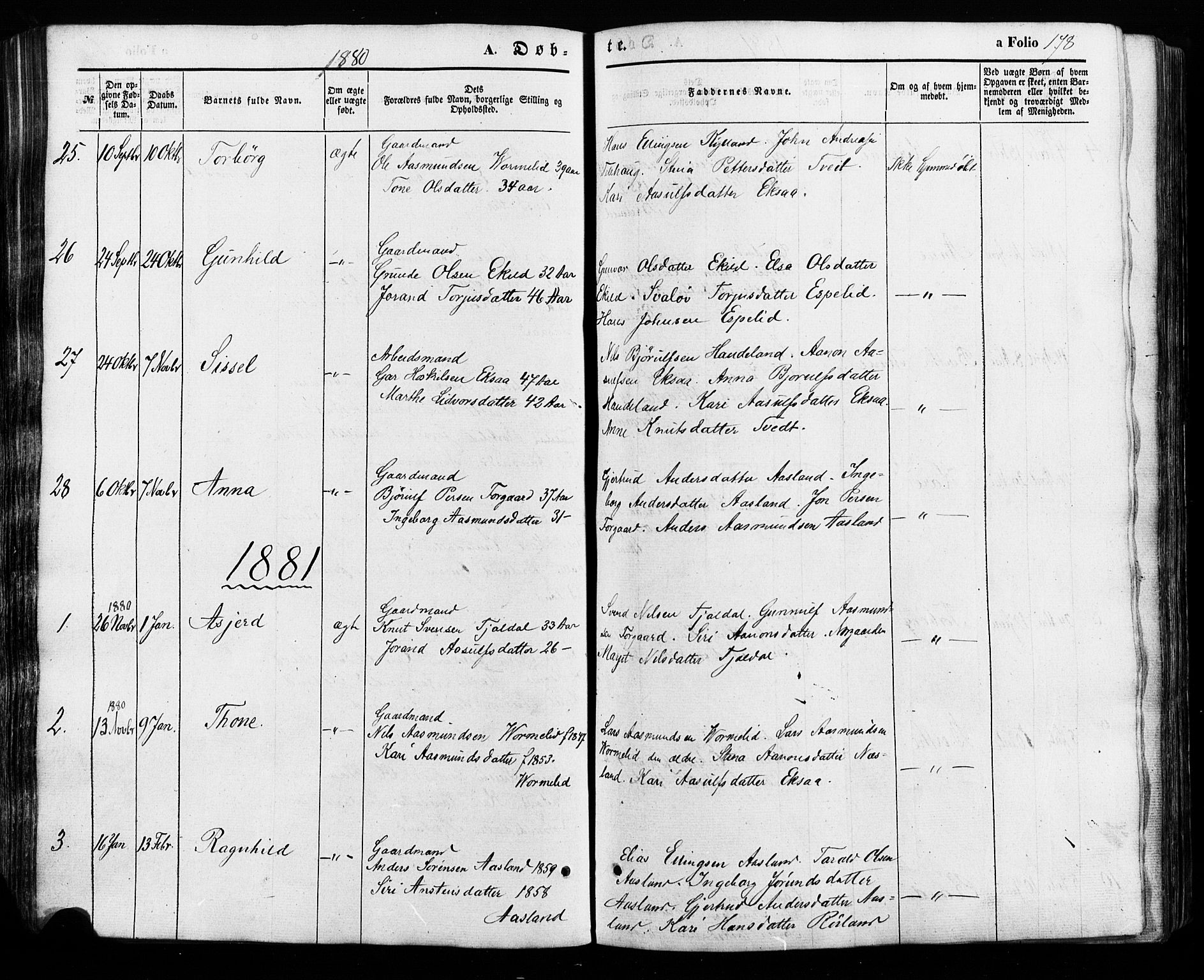 Åseral sokneprestkontor, SAK/1111-0051/F/Fa/L0002: Parish register (official) no. A 2, 1854-1884, p. 178