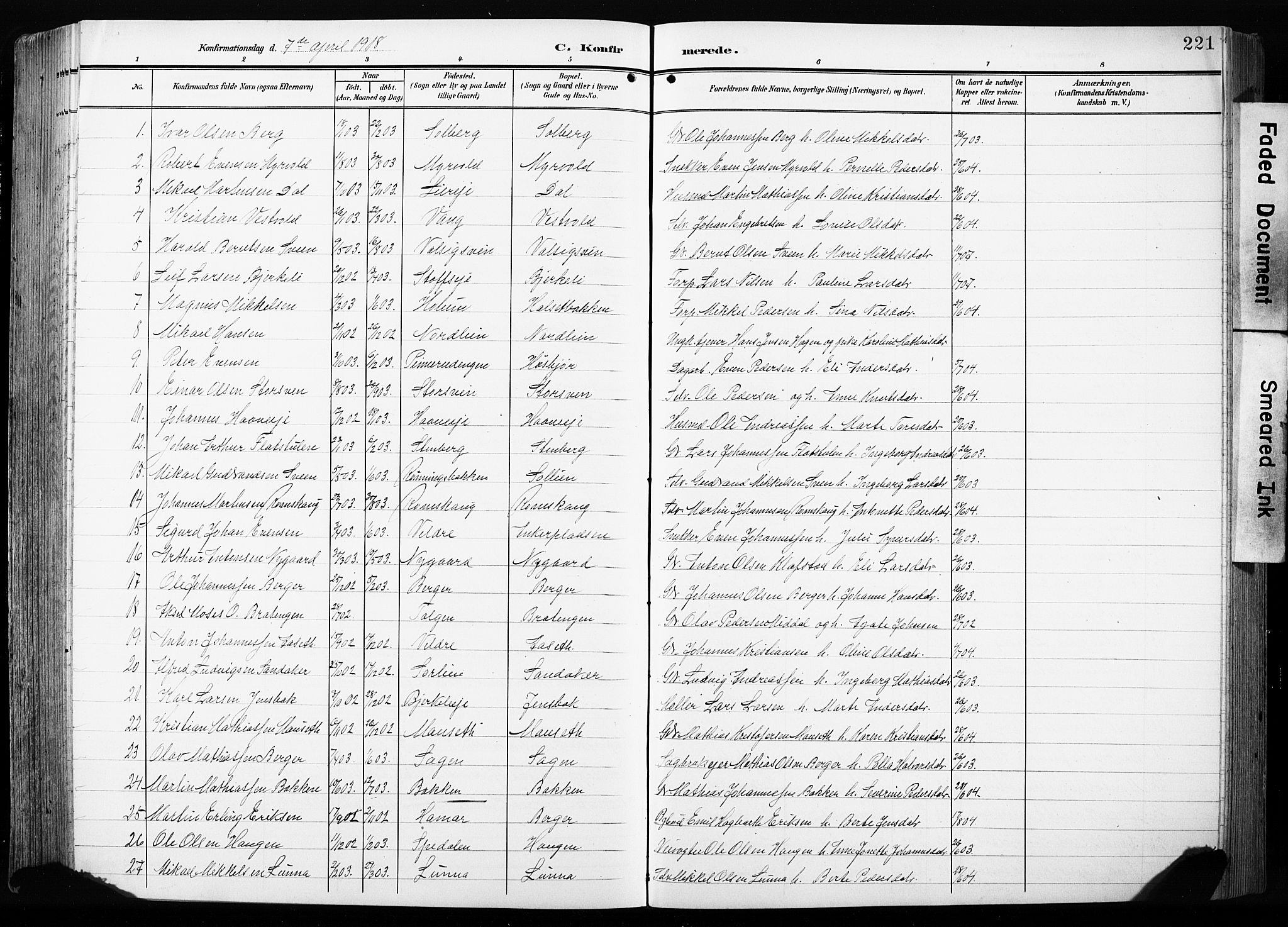 Furnes prestekontor, SAH/PREST-012/L/La/L0001: Parish register (copy) no. 1, 1904-1933, p. 221
