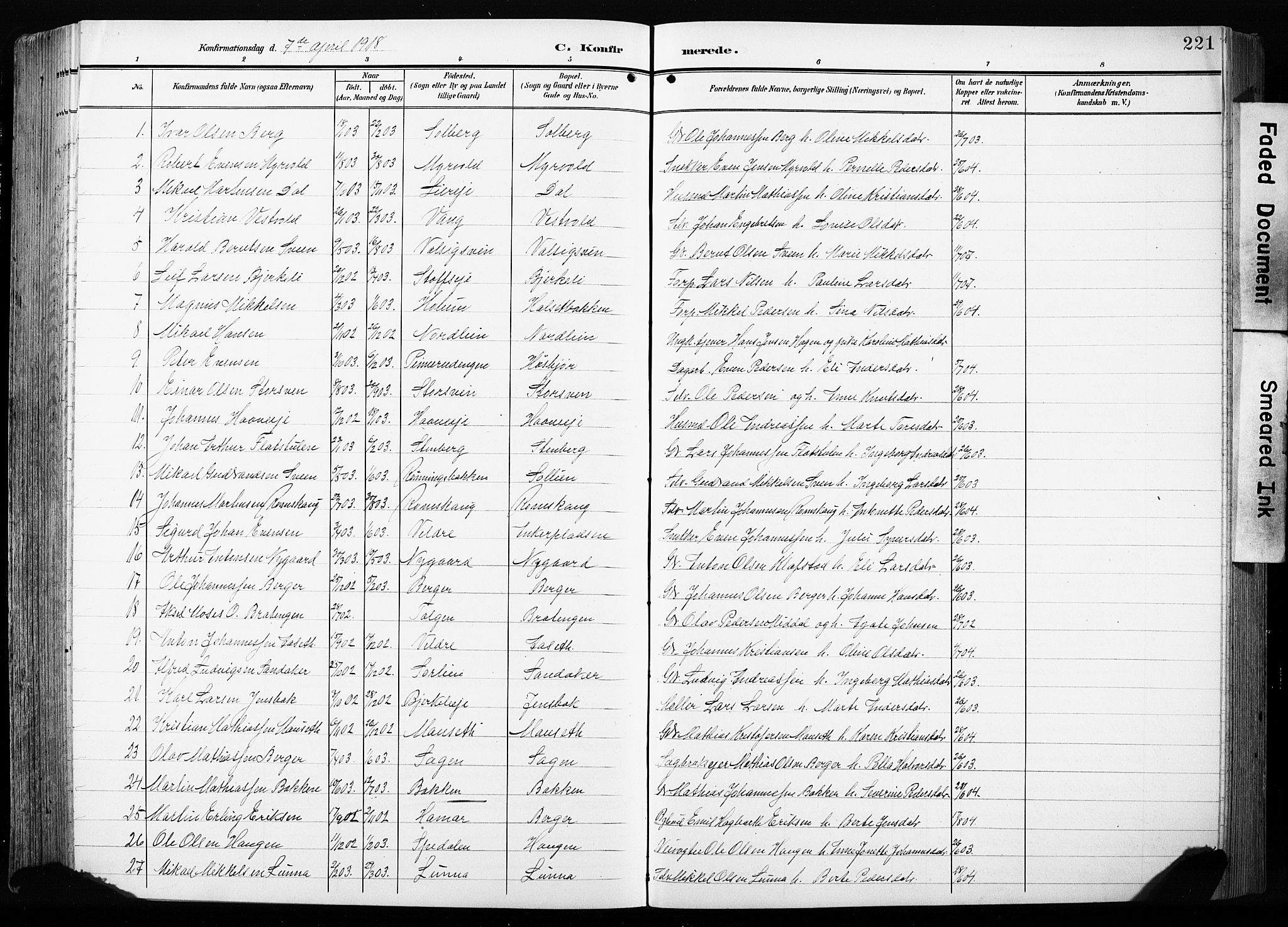 Furnes prestekontor, AV/SAH-PREST-012/L/La/L0001: Parish register (copy) no. 1, 1904-1933, p. 221