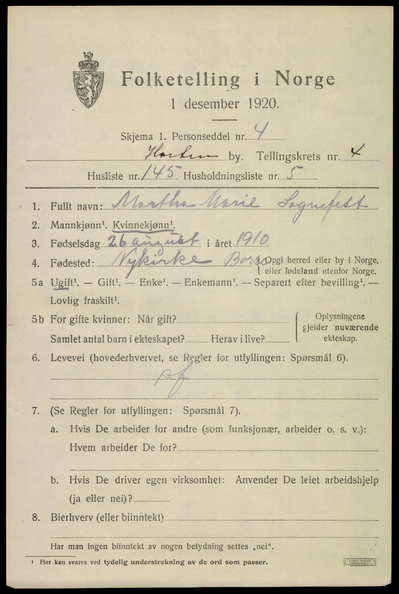 SAKO, 1920 census for Horten, 1920, p. 19013