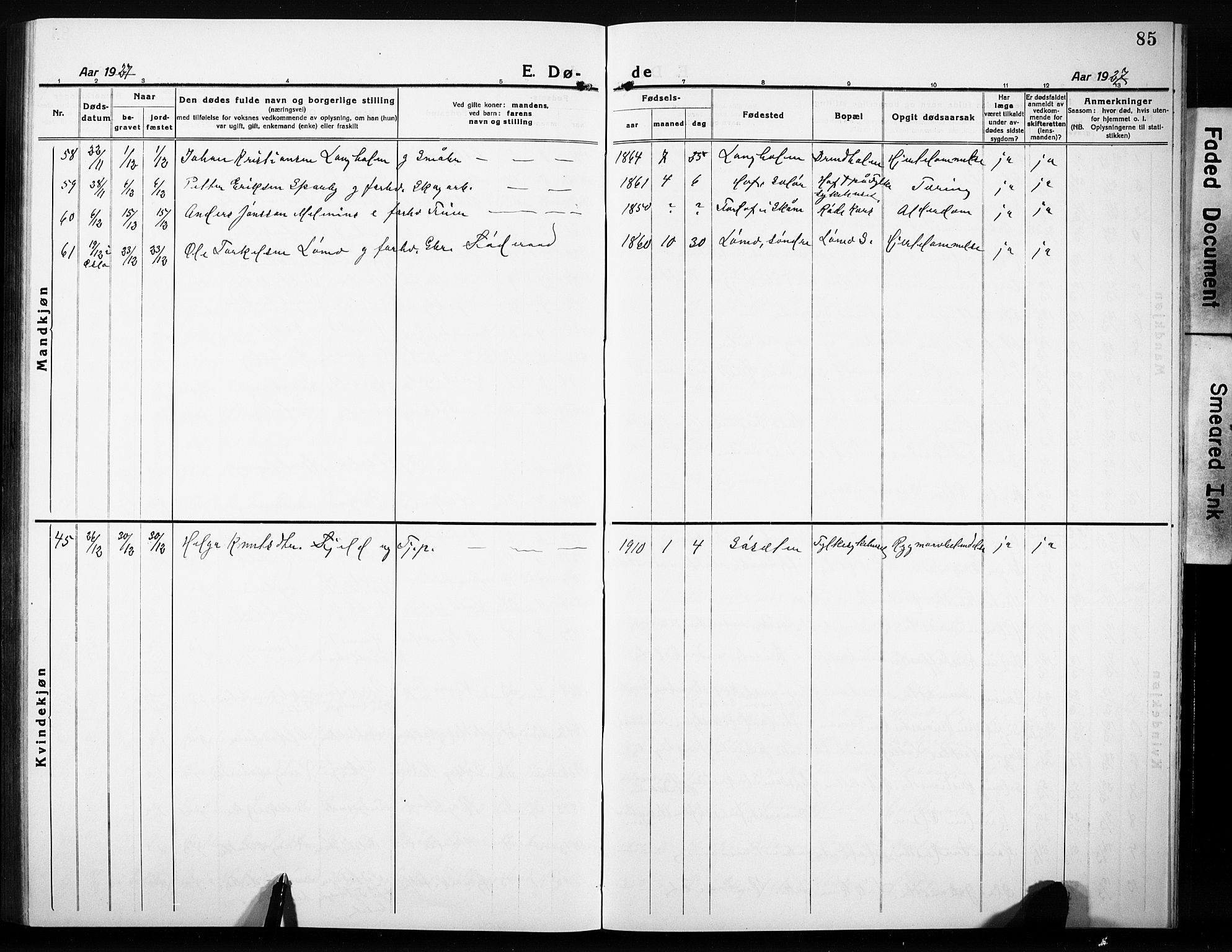 Elverum prestekontor, AV/SAH-PREST-044/H/Ha/Hab/L0014: Parish register (copy) no. 14, 1922-1933, p. 85