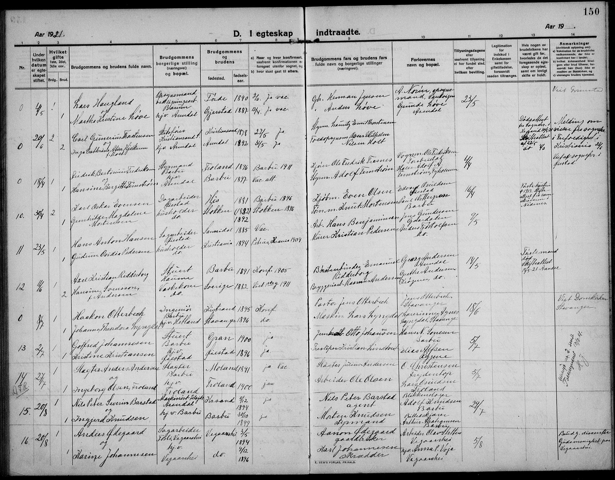 Barbu sokneprestkontor, AV/SAK-1111-0003/F/Fb/L0004: Parish register (copy) no. B 4, 1911-1936, p. 150