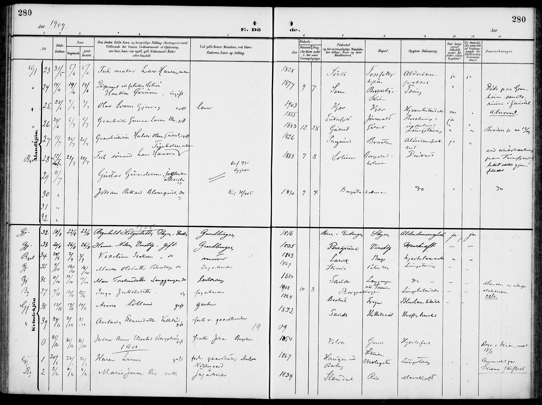 Gjerpen kirkebøker, SAKO/A-265/F/Fa/L0012: Parish register (official) no. I 12, 1905-1913, p. 280
