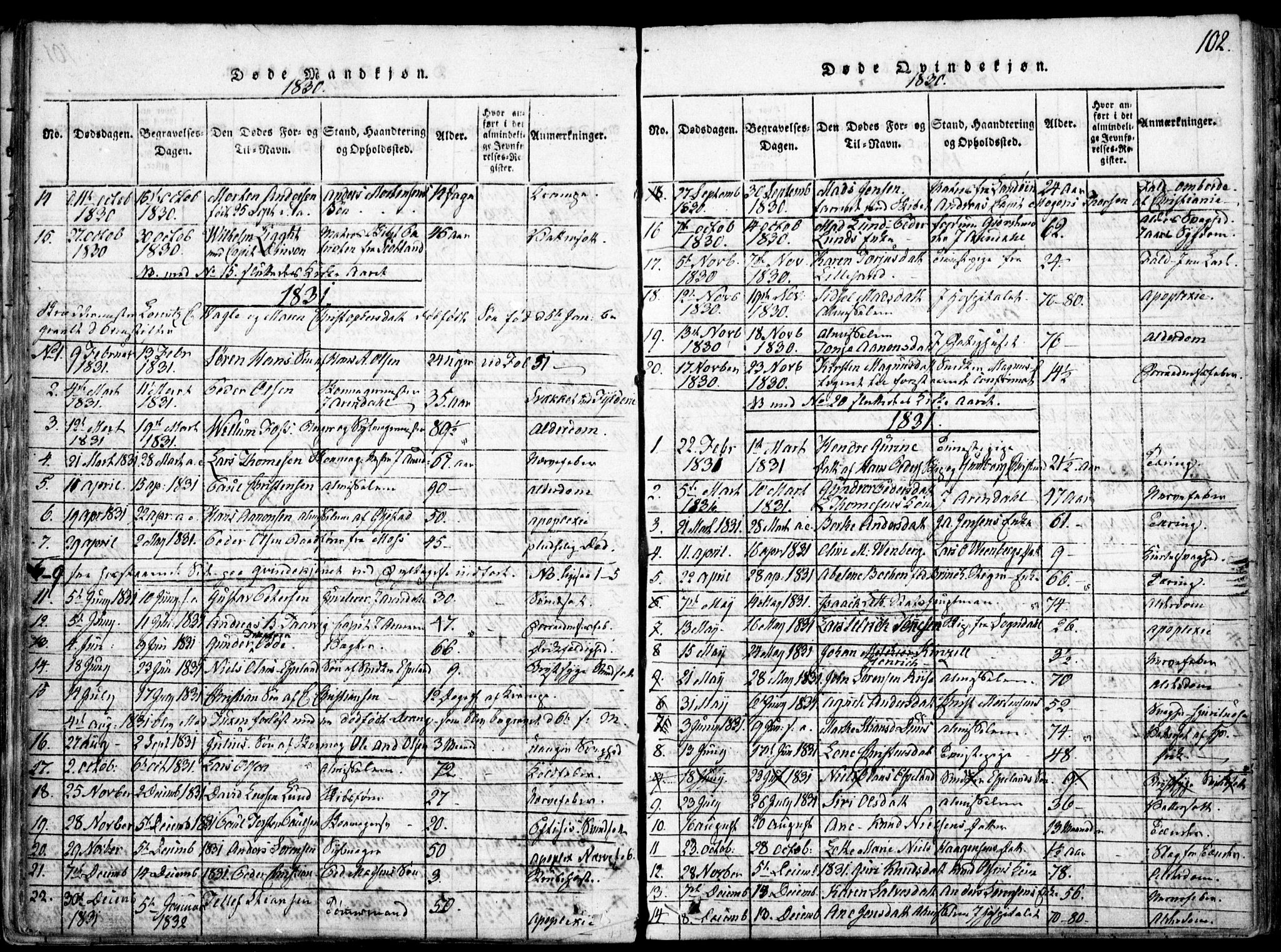Arendal sokneprestkontor, Trefoldighet, SAK/1111-0040/F/Fa/L0004: Parish register (official) no. A 4, 1816-1839, p. 102