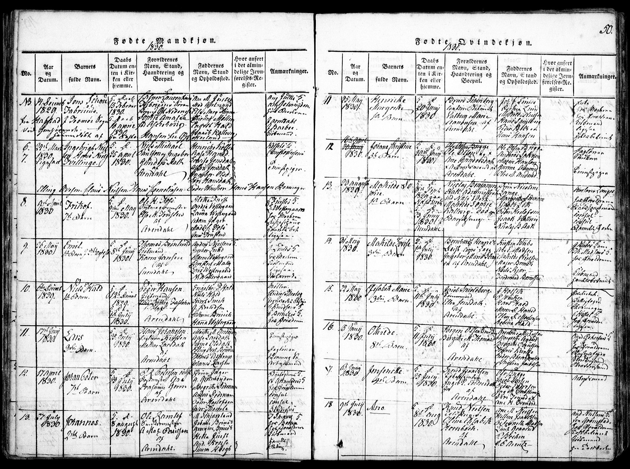 Arendal sokneprestkontor, Trefoldighet, AV/SAK-1111-0040/F/Fa/L0004: Parish register (official) no. A 4, 1816-1839, p. 50