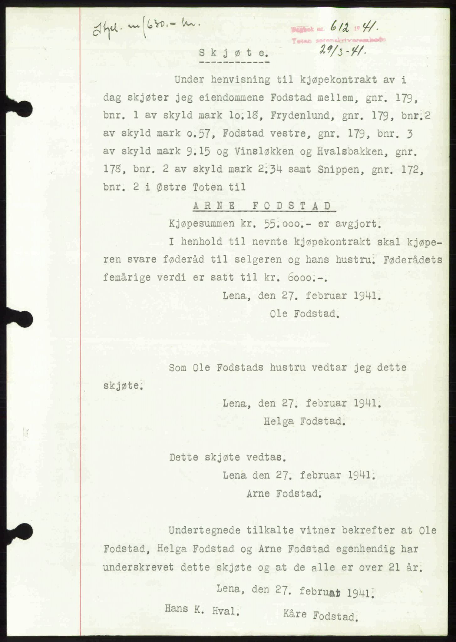 Toten tingrett, SAH/TING-006/H/Hb/Hbc/L0008: Mortgage book no. Hbc-08, 1941-1941, Diary no: : 612/1941