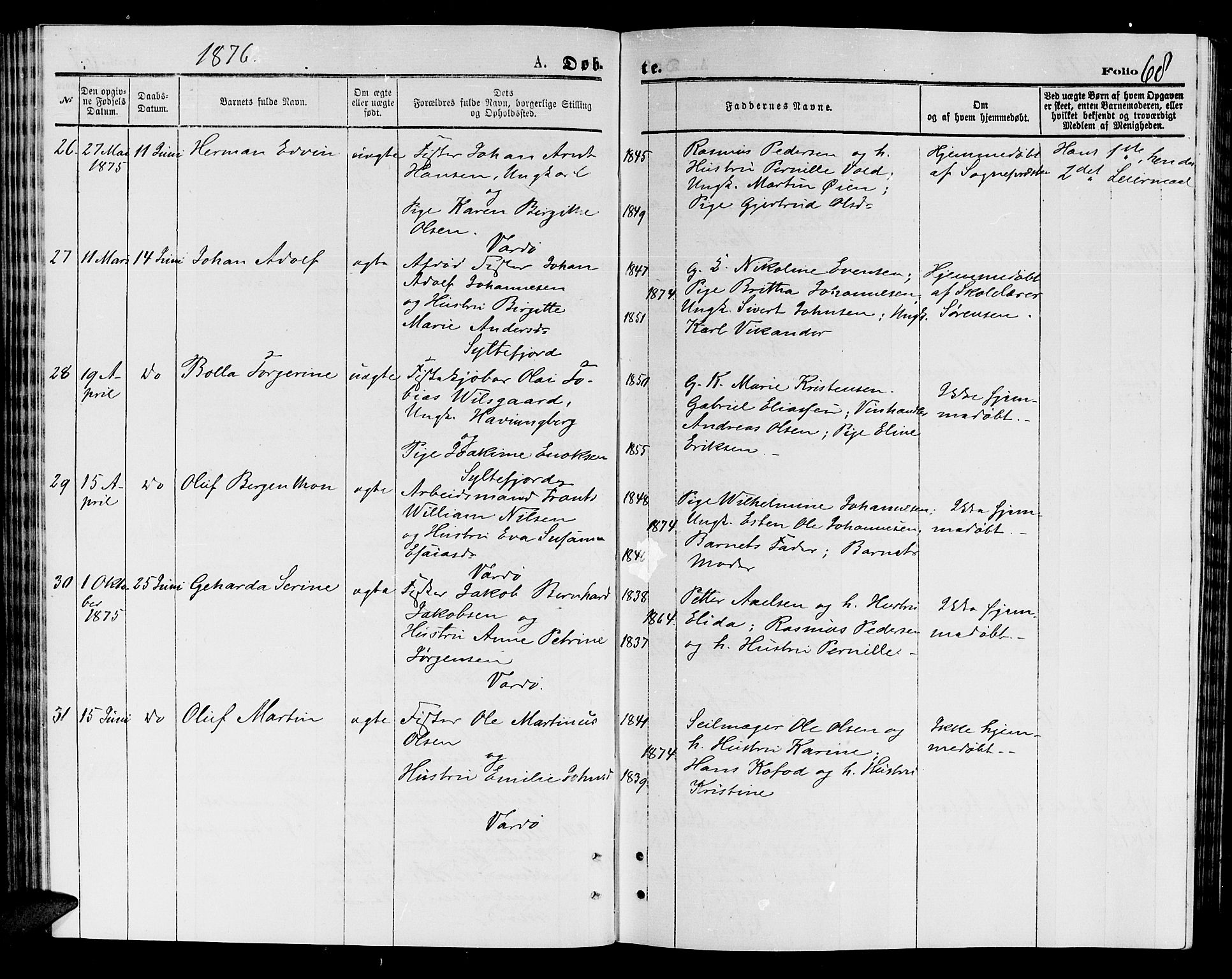 Vardø sokneprestkontor, AV/SATØ-S-1332/H/Hb/L0003klokker: Parish register (copy) no. 3, 1871-1878, p. 68