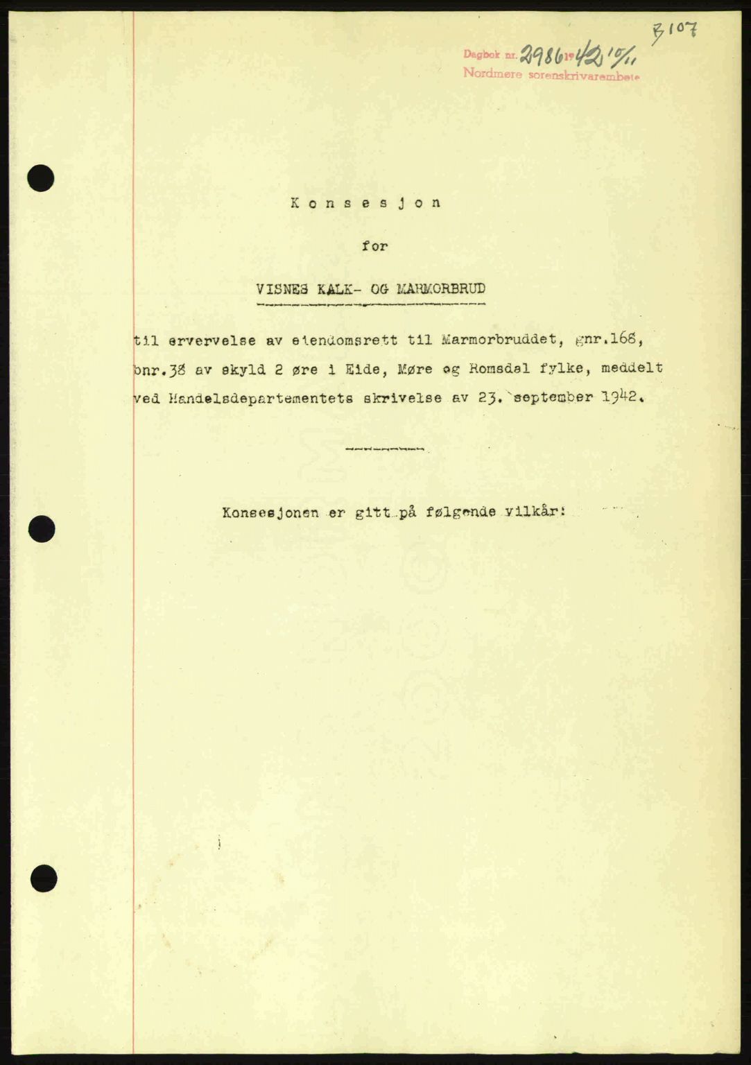 Nordmøre sorenskriveri, AV/SAT-A-4132/1/2/2Ca: Mortgage book no. B90, 1942-1943, Diary no: : 2986/1942