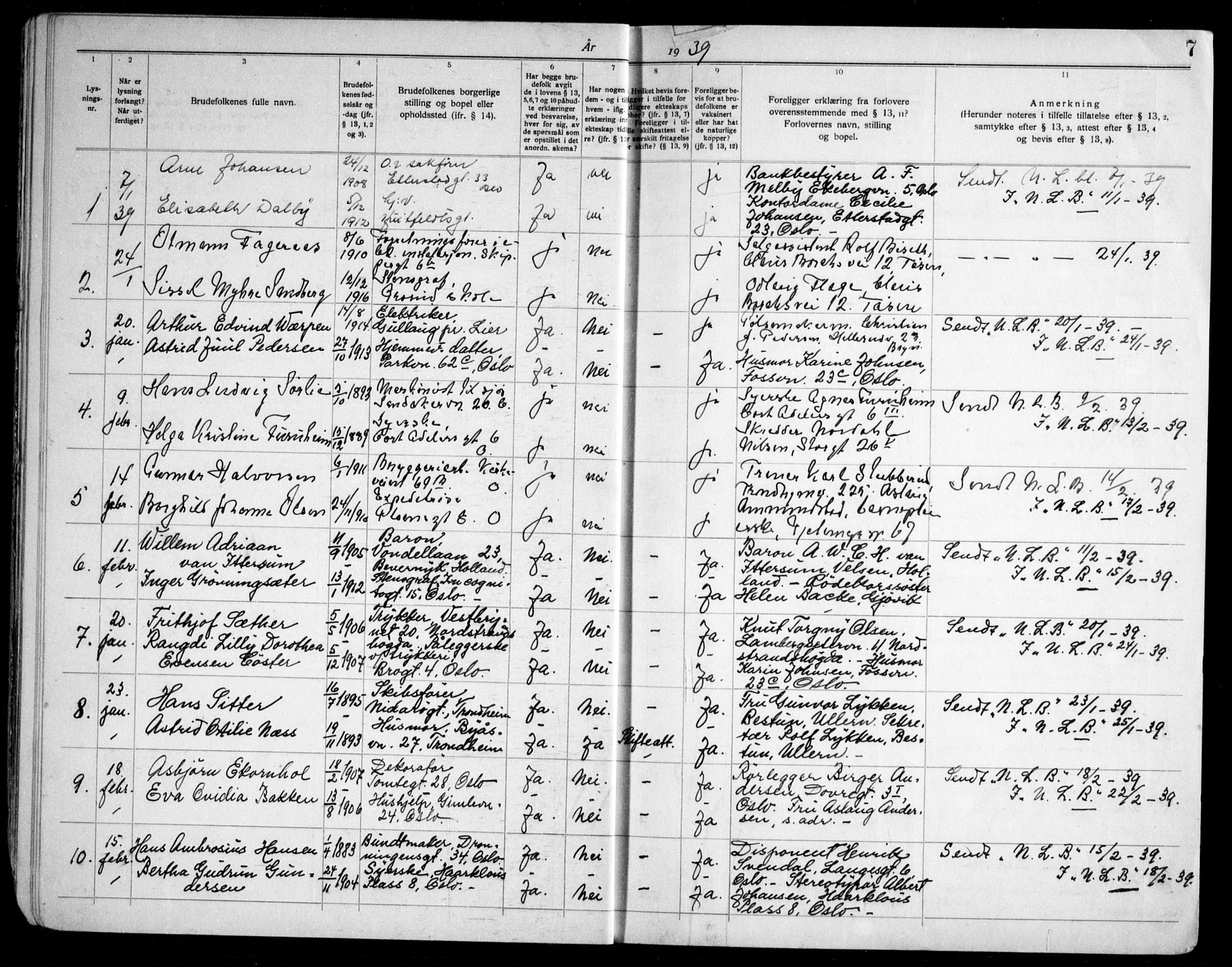 Oslo domkirke Kirkebøker, AV/SAO-A-10752/H/Ha/L0008: Banns register no. 8, 1938-1951, p. 7
