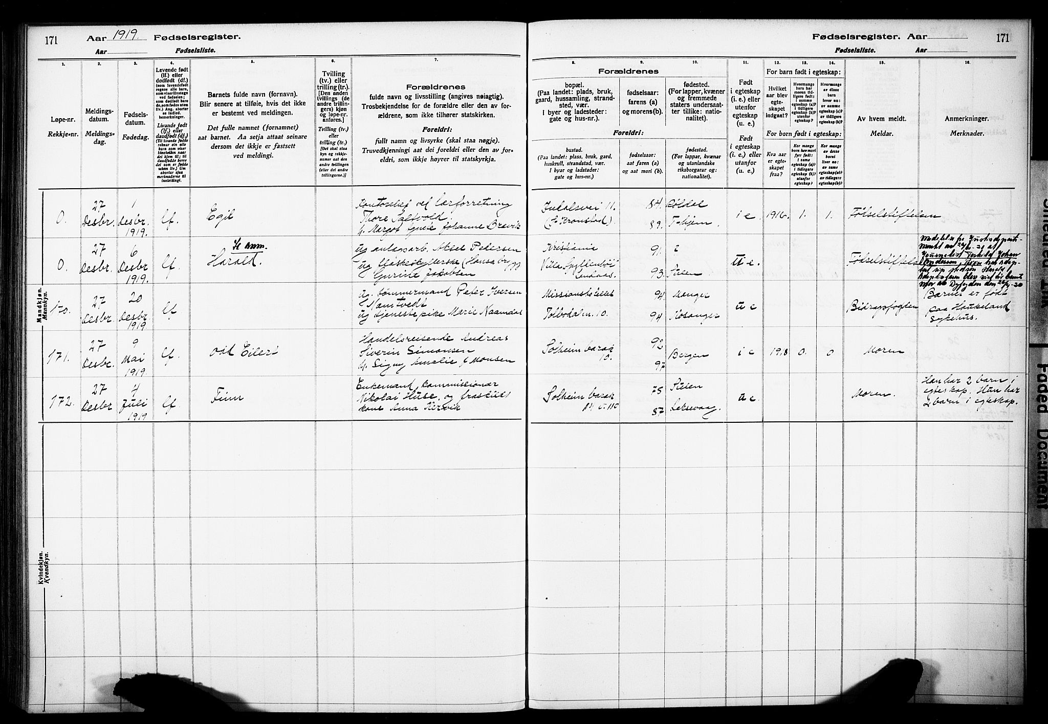 Årstad Sokneprestembete, SAB/A-79301/I/Id/L0A01: Birth register no. A 1, 1916-1920, p. 171