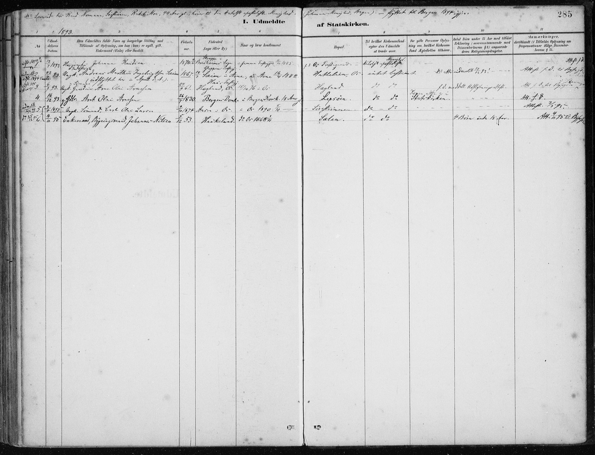 Os sokneprestembete, SAB/A-99929: Parish register (official) no. B 1, 1885-1902, p. 285