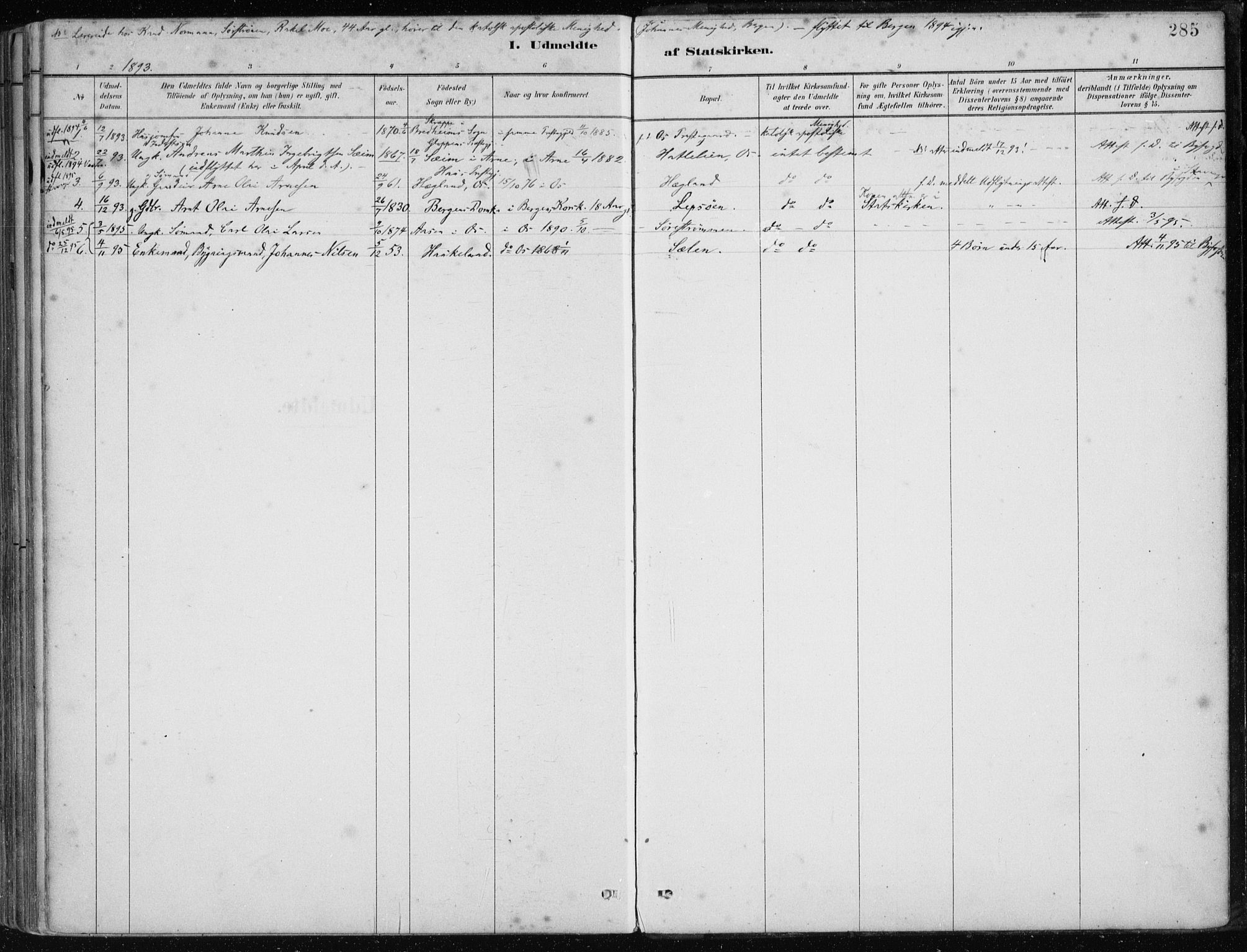 Os sokneprestembete, AV/SAB-A-99929: Parish register (official) no. B 1, 1885-1902, p. 285