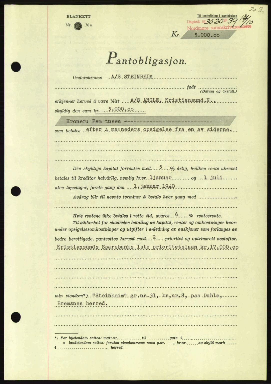 Nordmøre sorenskriveri, AV/SAT-A-4132/1/2/2Ca: Mortgage book no. B86, 1939-1940, Diary no: : 3030/1939